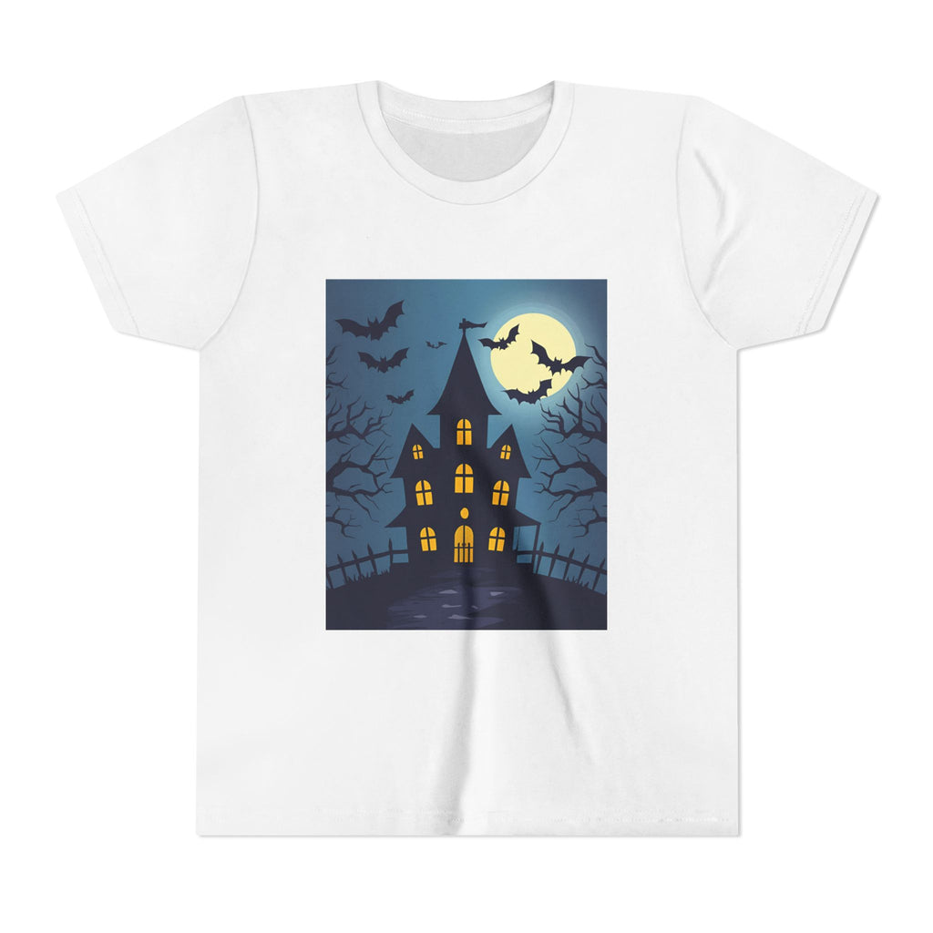 Spooky Halloween Haunted House Youth Tee, Kids Ghost T-Shirt, Haunted House Apparel, Bat Design Shirt, Trick or Treat Clothing