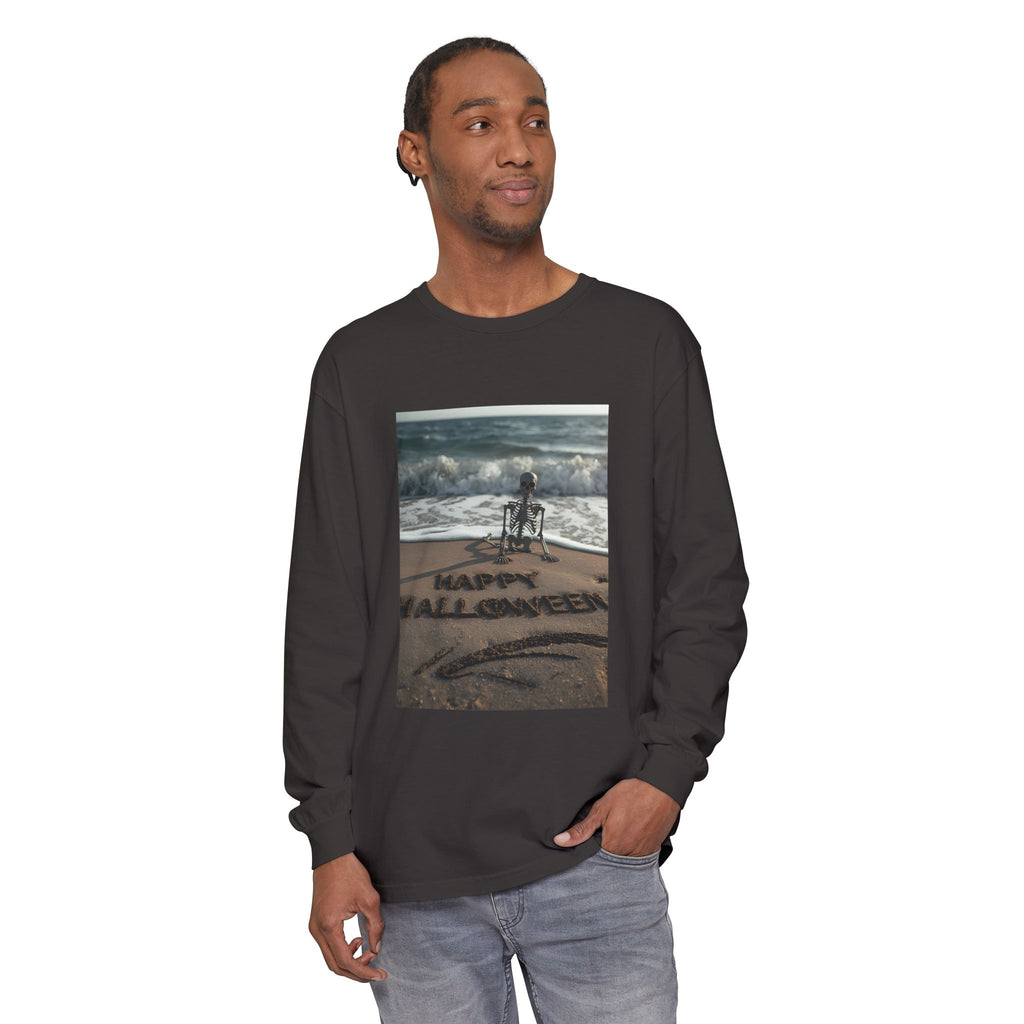 Happy Halloween Beach Skeleton Vibes Unisex Garment-dyed Long Sleeve T-Shirt