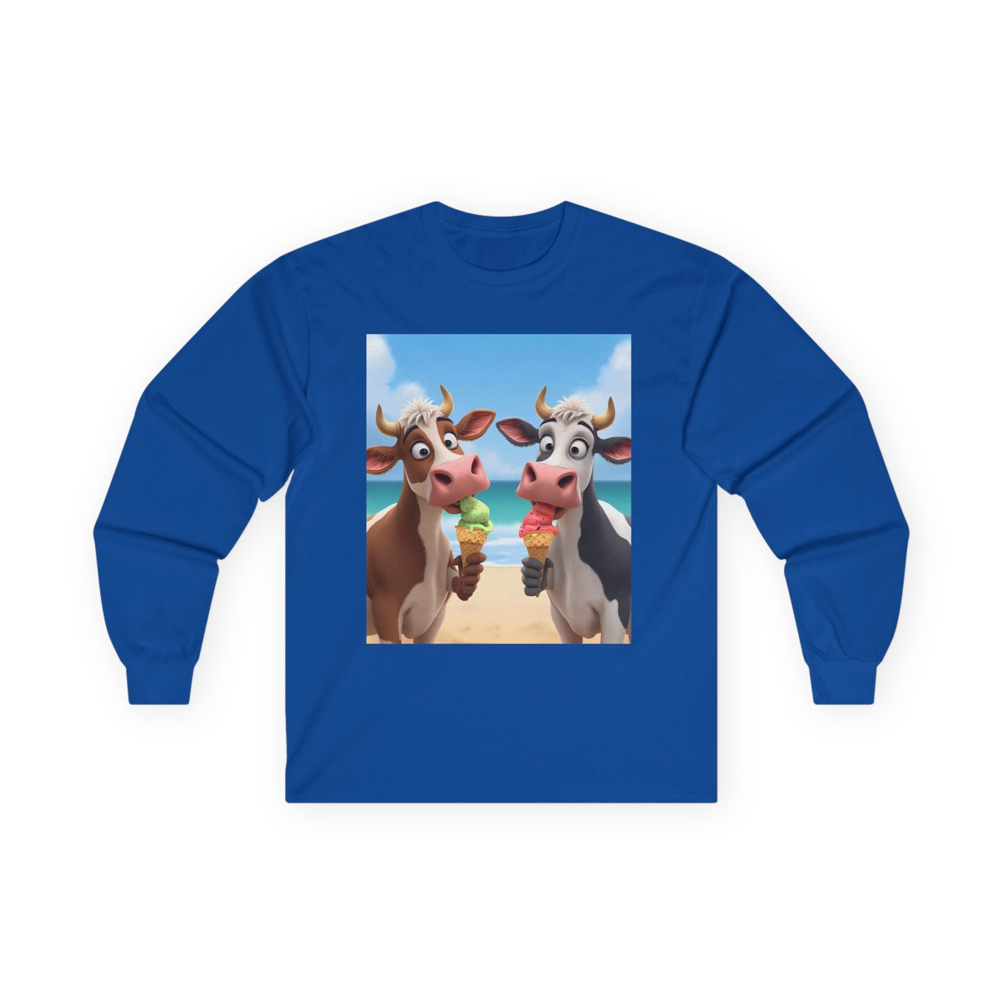 Funny Beach Cow Graphic Long Sleeve Tee, Cute Animal T-Shirt for Kids, Ice Cream Lover Gift, Summer Beach Apparel, Dairy Product Humor