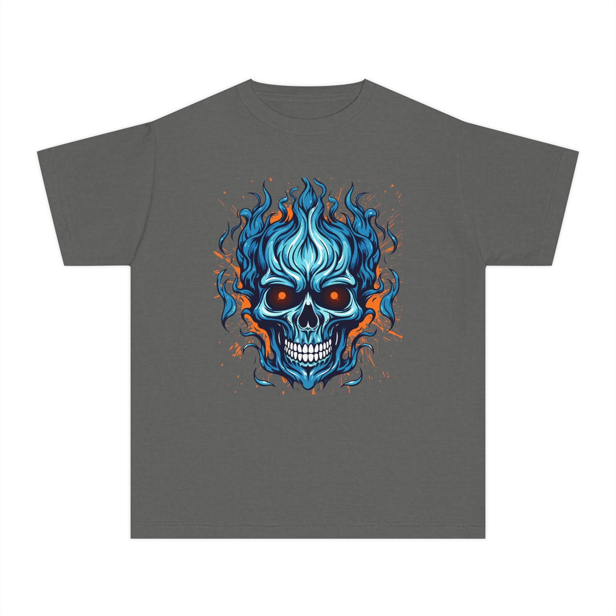 Skull Flame Youth Graphic Skull Tee, Cool Teen Fashion, Edgy Summer Wear, Halloween Costume, Unique Gift for Kids, Casual Everyday Style
