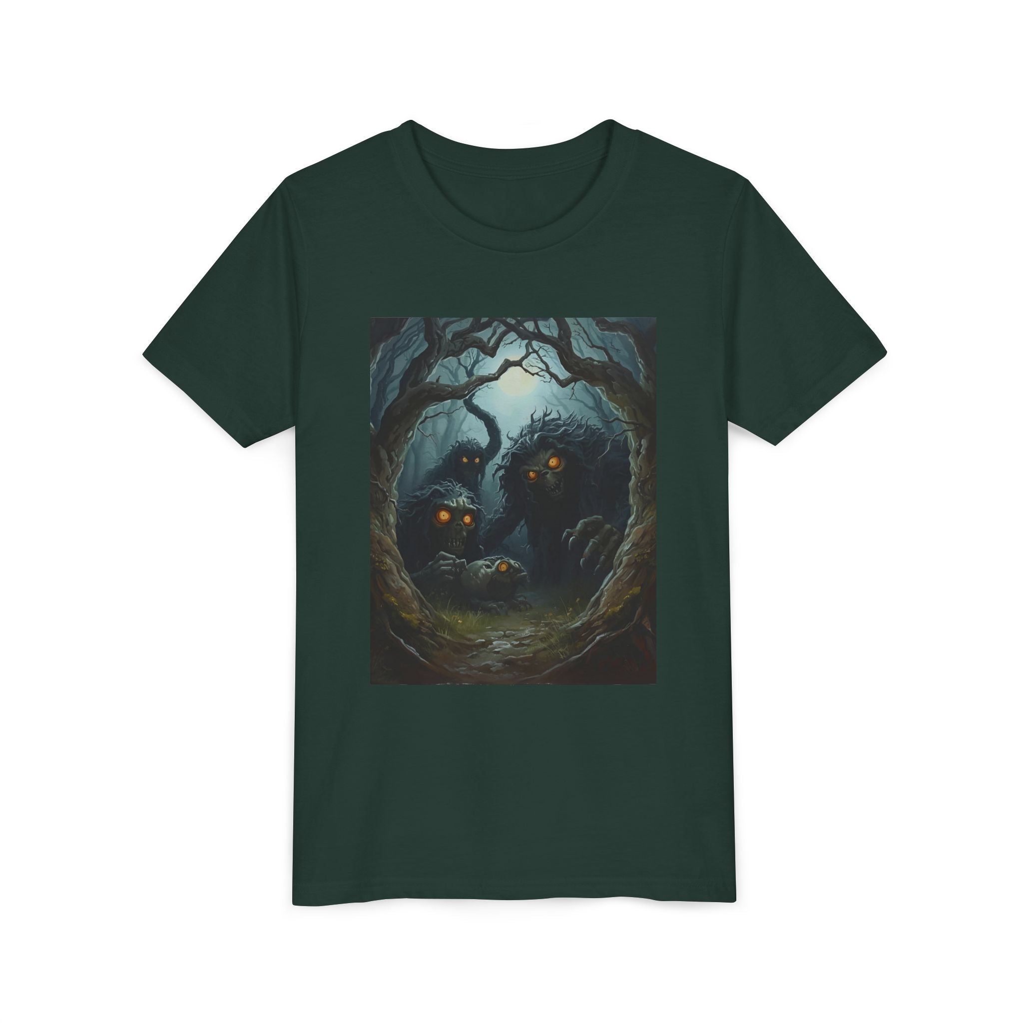 Spooky Mystical Forest Creatures Youth Tee, Cool Graphic T-Shirt, Kids Nature Shirt, Unique Gift for Boys & Girls, Perfect for Halloween