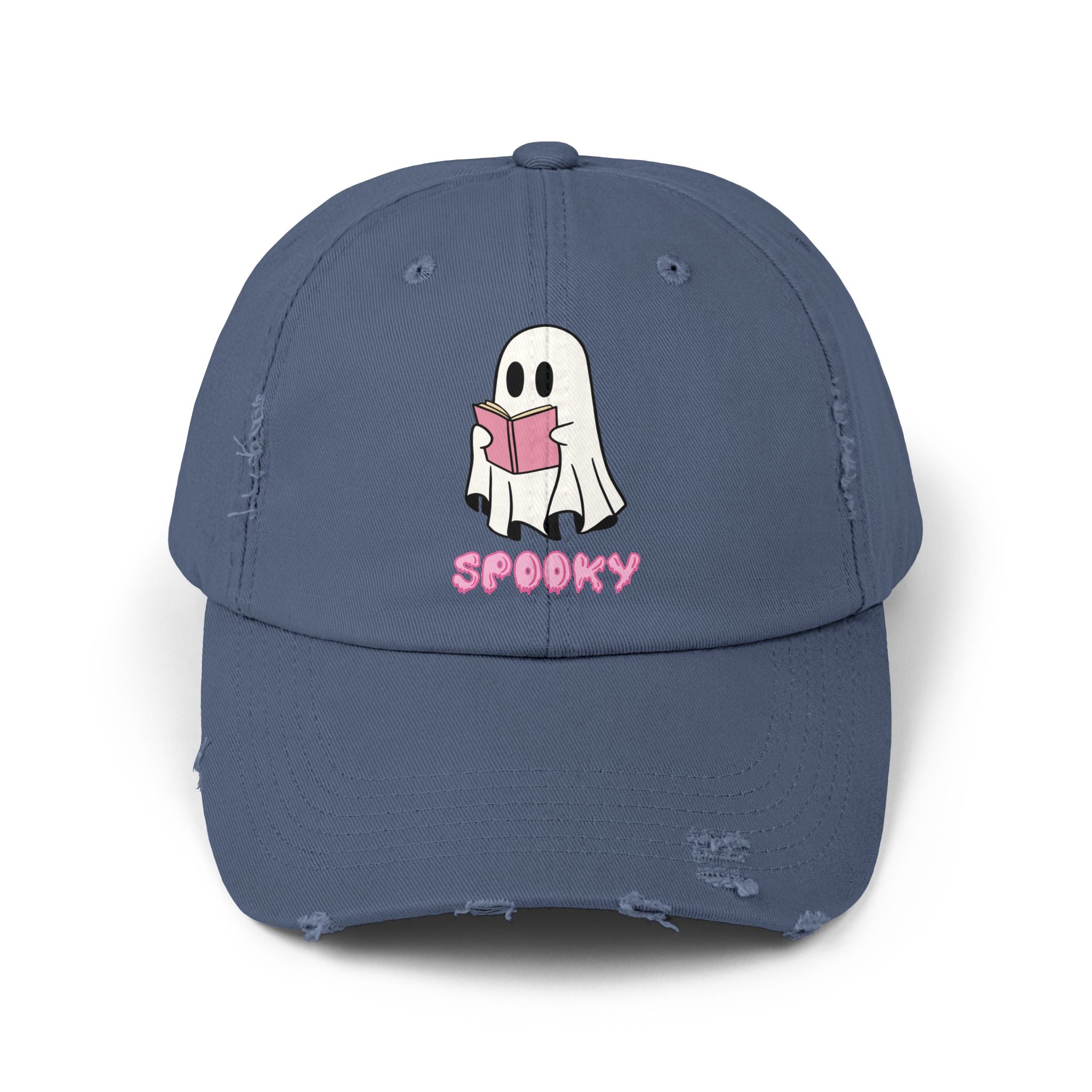 Spooky Ghost Reading Distressed Cap, Halloween Hat, Cute Adjustable Cap, Casual Everyday Wear, Trendy Fashion Accessory