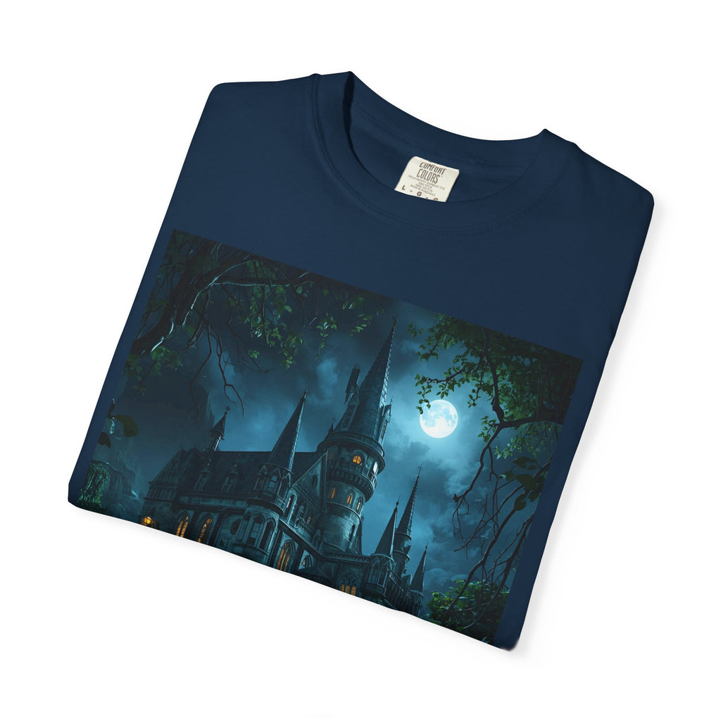 Mystical Night Scene Castle T-Shirt, Spooky Tees, Halloween Apparel, Gothic Style Shirt, Unisex Shirt, Nighttime Scene Tee