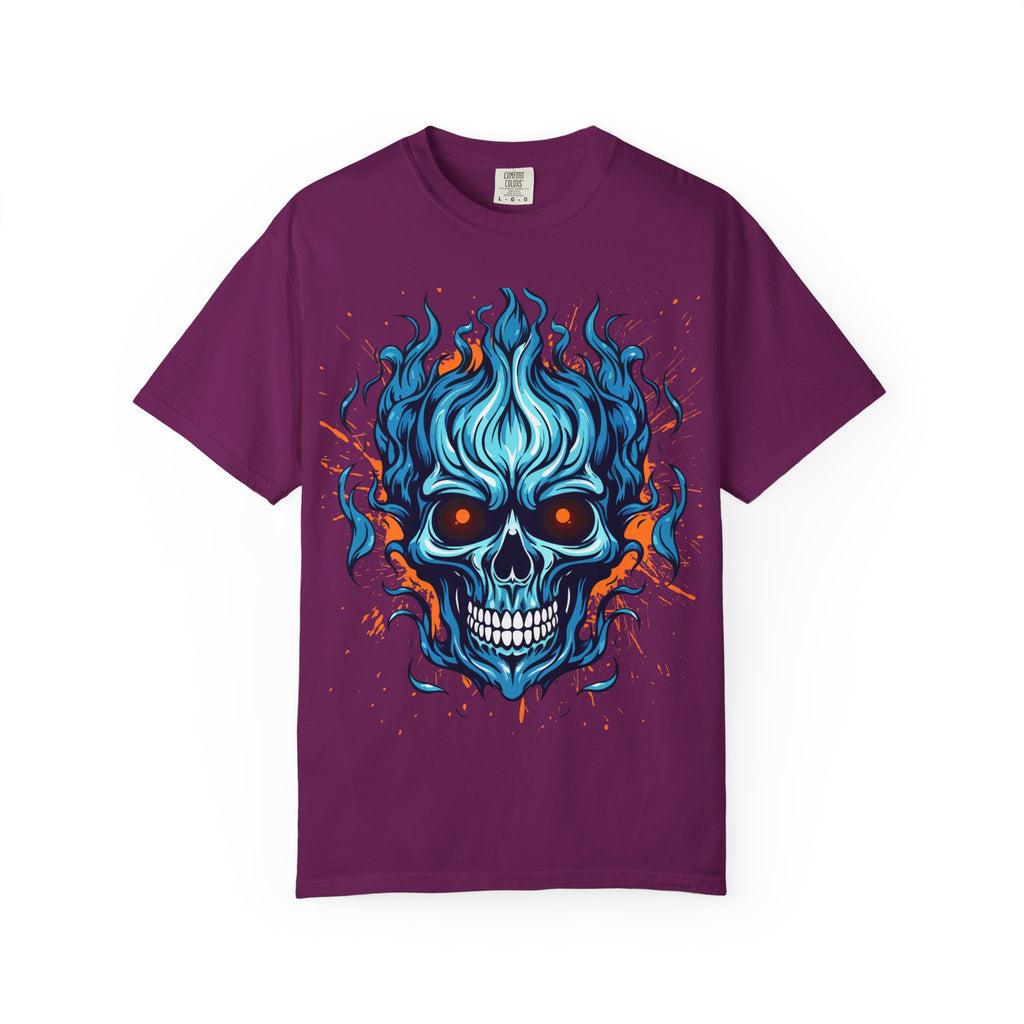 Flaming Skull T-Shirt, Unisex Graphic Tee, Edgy Casual Wear, Halloween Apparel, Gift for Rock Music Fans