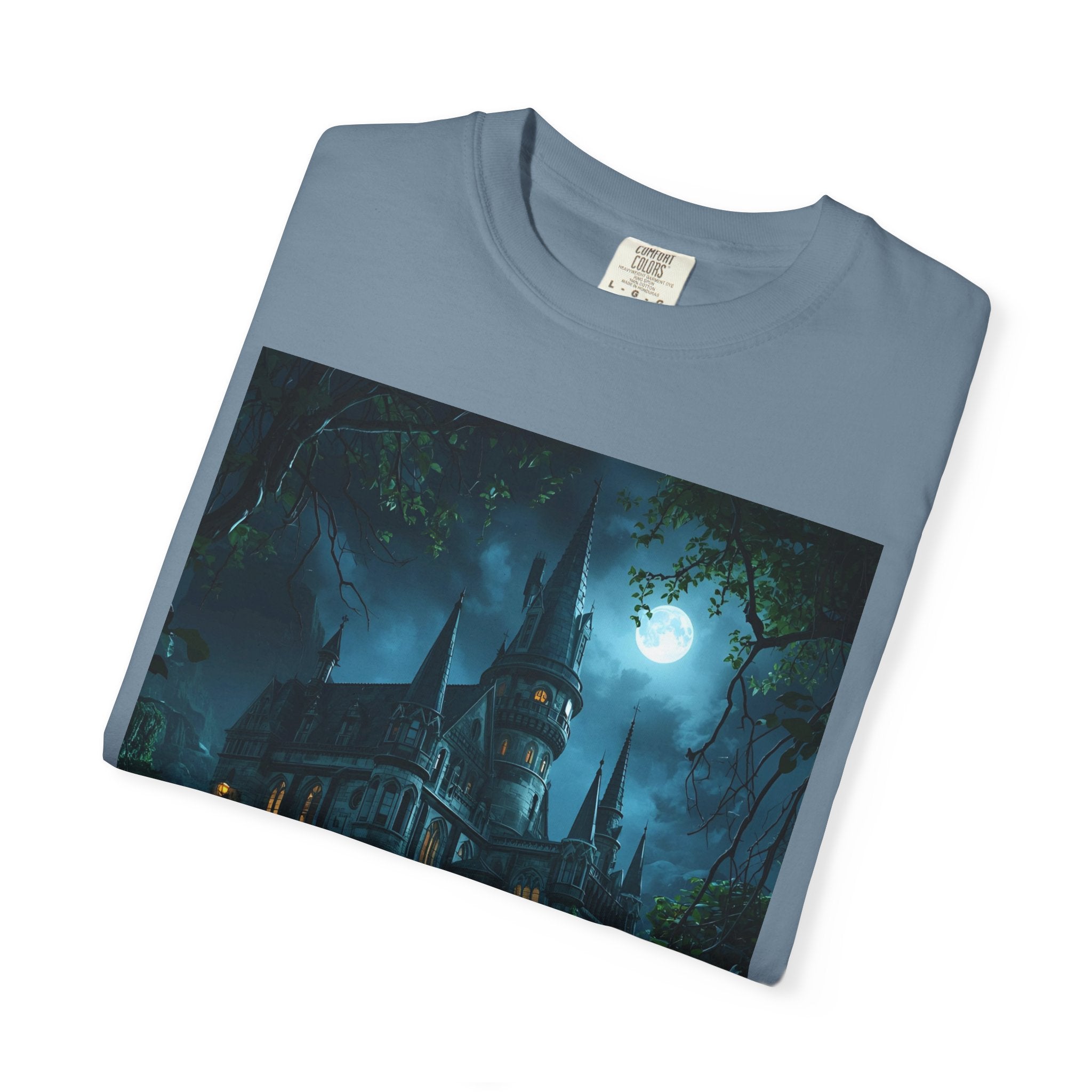 Mystical Night Scene Castle T-Shirt, Spooky Tees, Halloween Apparel, Gothic Style Shirt, Unisex Shirt, Nighttime Scene Tee