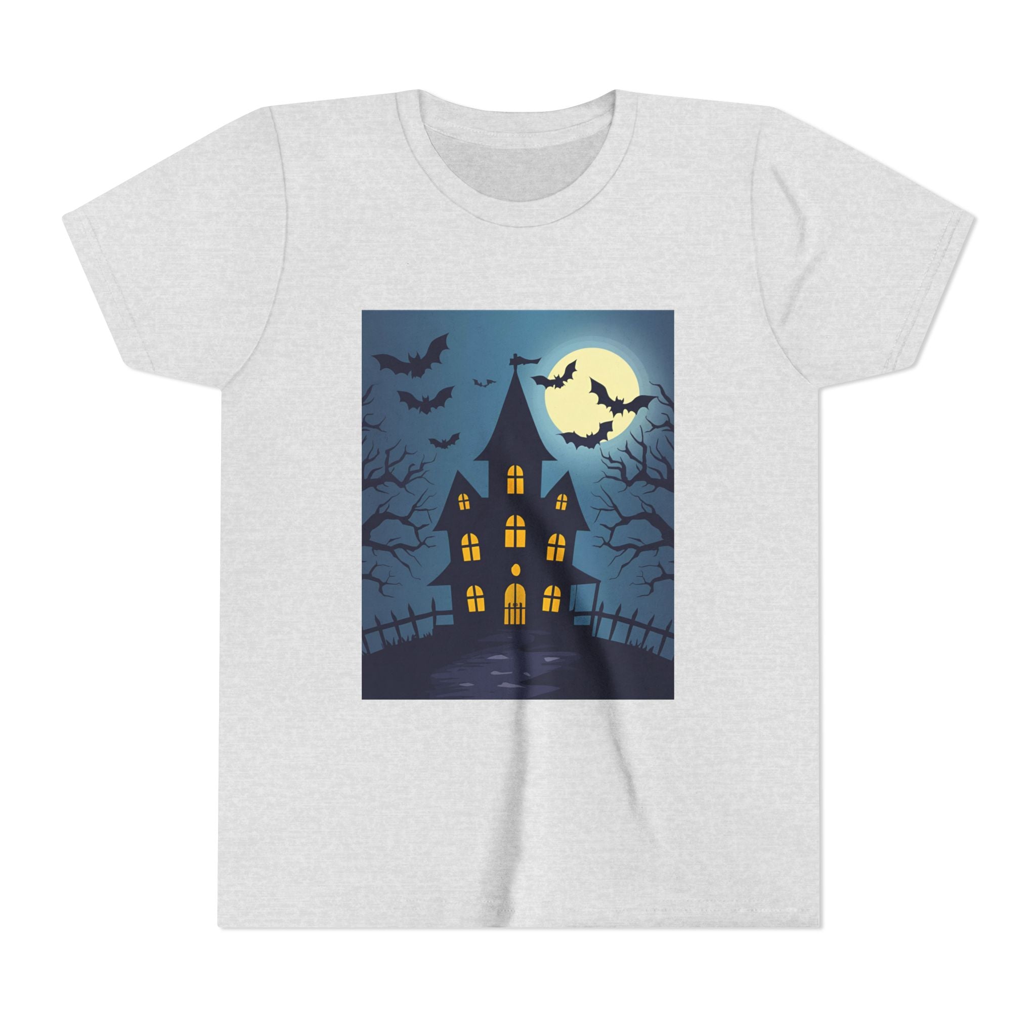 Spooky Halloween Haunted House Youth Tee, Kids Ghost T-Shirt, Haunted House Apparel, Bat Design Shirt, Trick or Treat Clothing