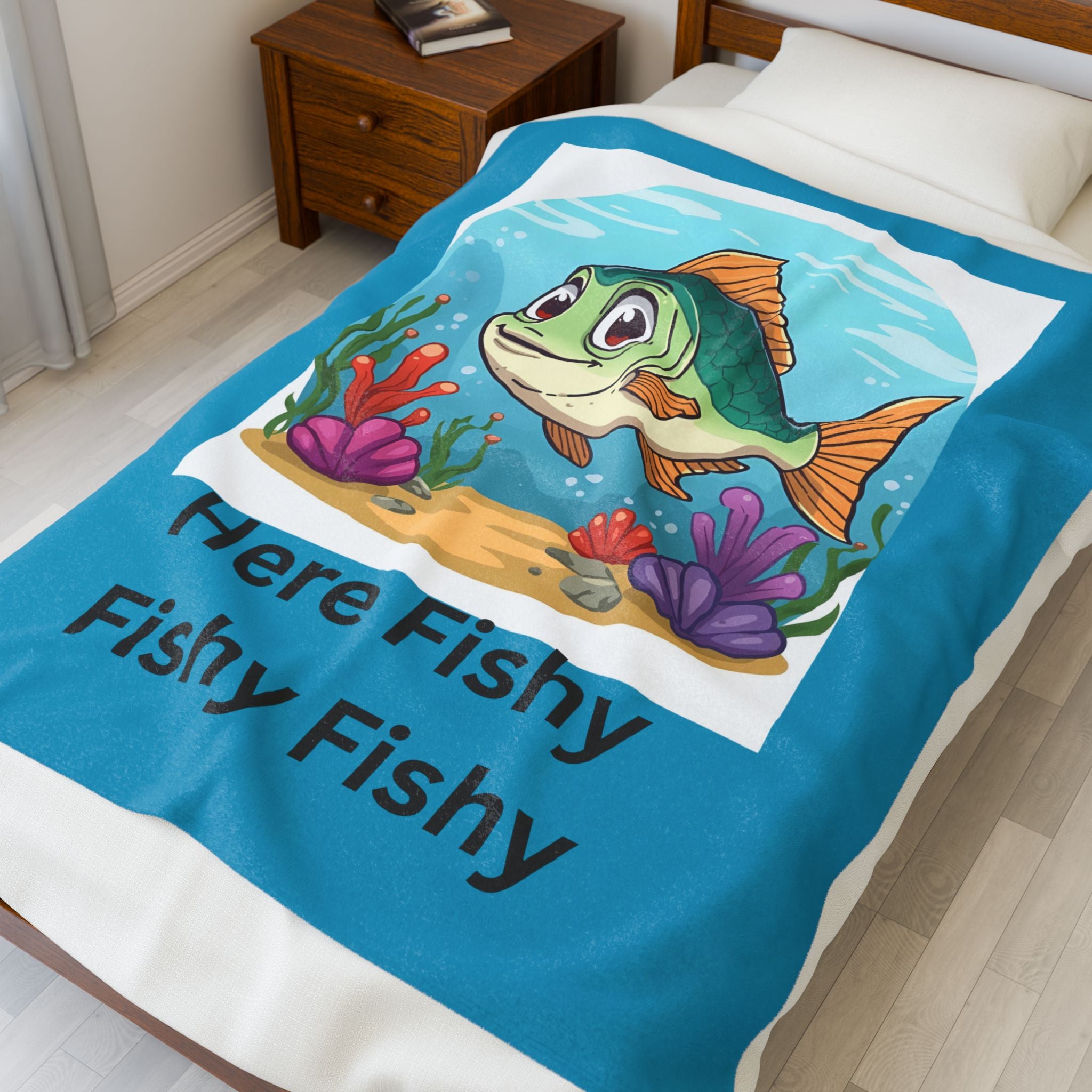Here Fishy Fishy Fishy Velveteen Plush Blanket