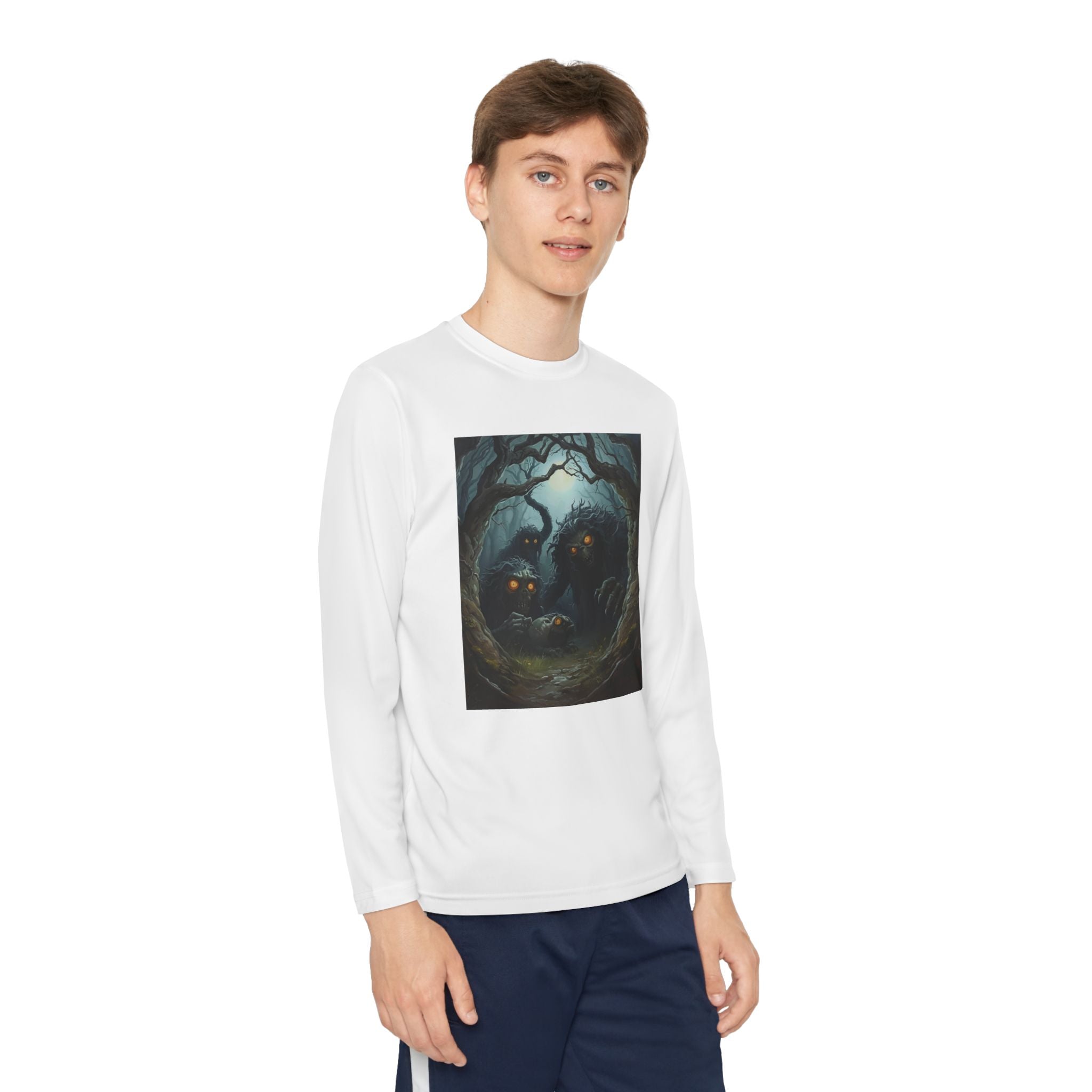 Spooky Forest Creatures Youth Long Sleeve Tee with Enchanted Forest Design, Comfortable Unisex T-Shirt for All Seasons, Perfect for Halloween and Nature Lovers
