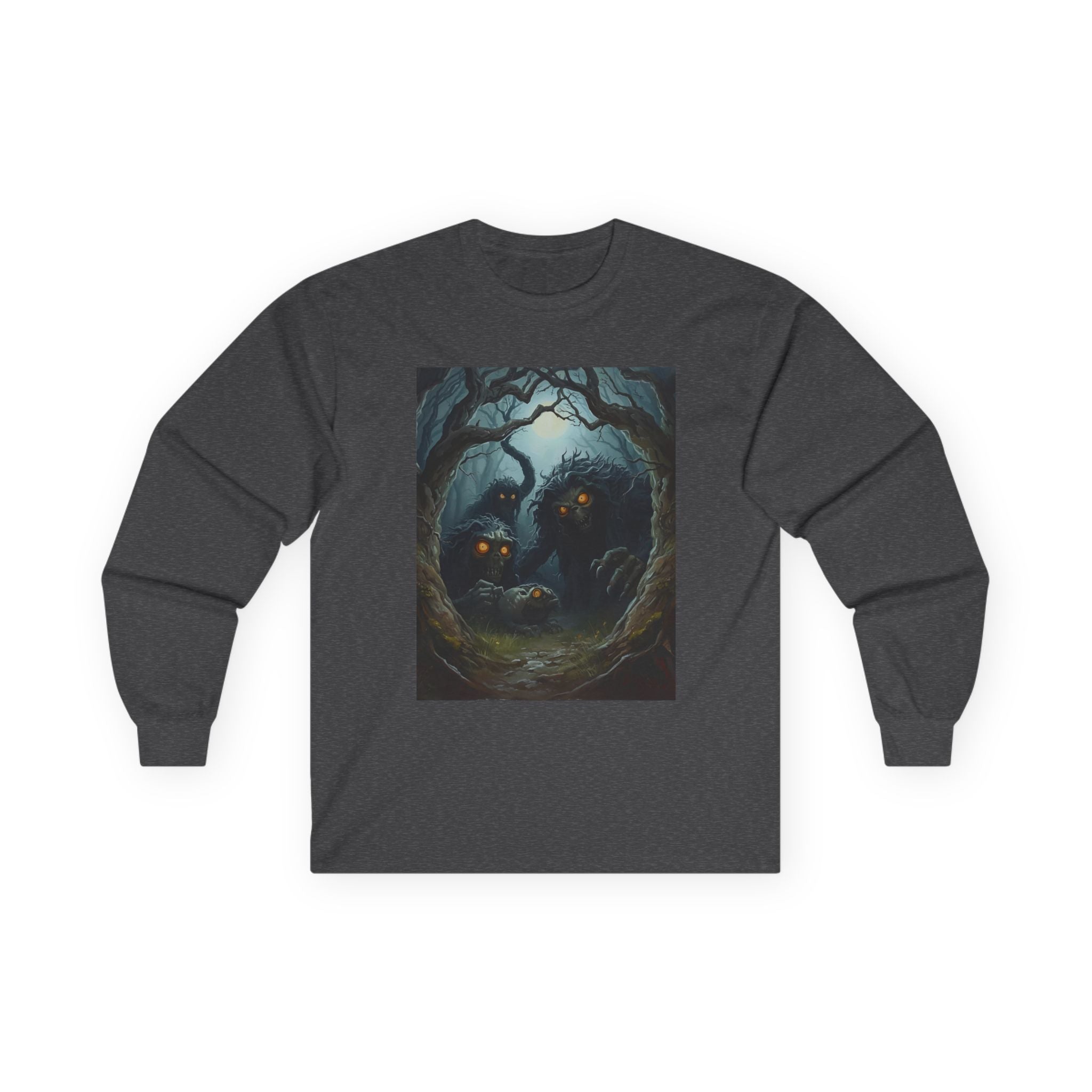 Spooky Mystical Forest Long Sleeve Tee - Cozy Unisex Shirt, Fall Fashion, Nature Lover Gift, Halloween Apparel, Unique Art Tee