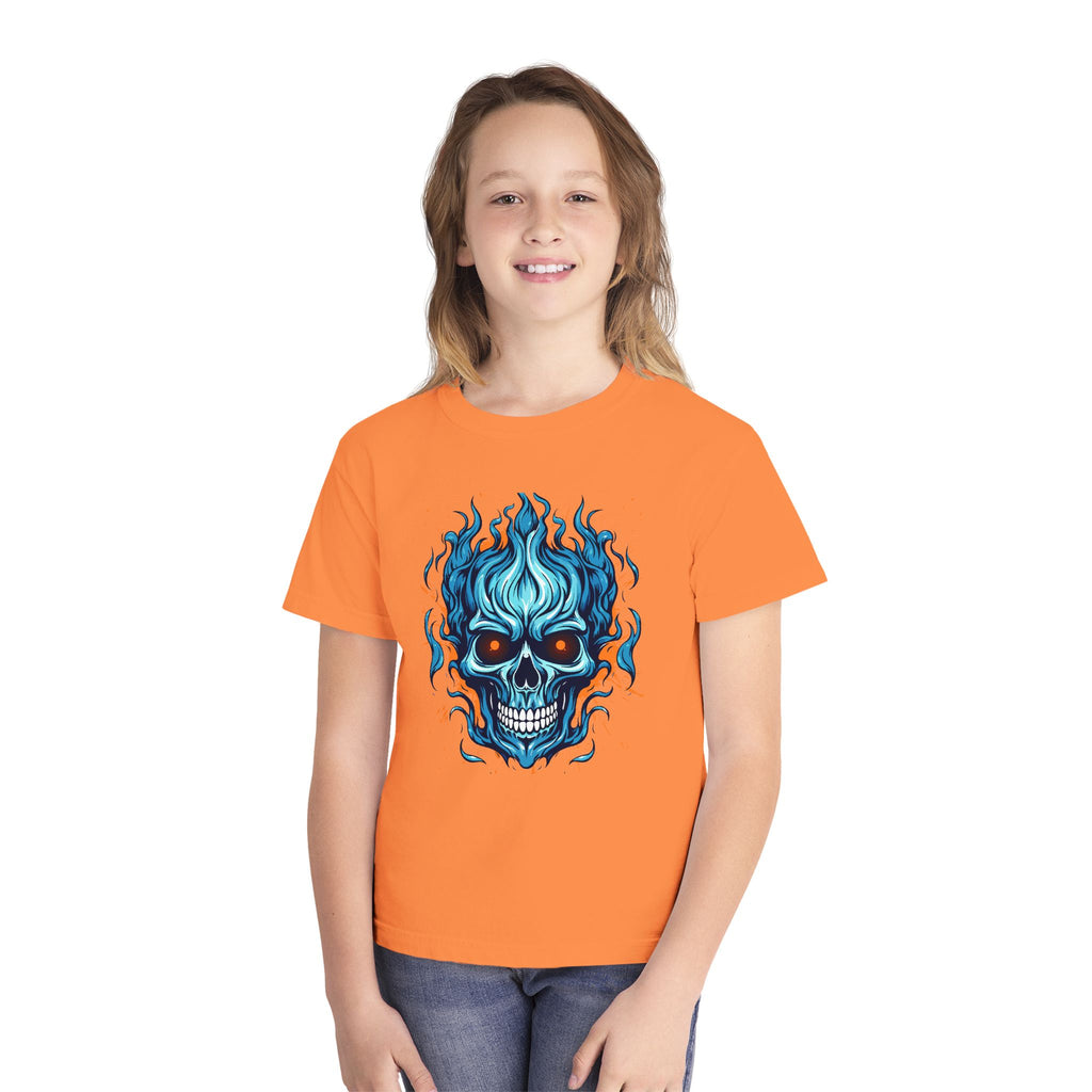 Skull Flame Youth Graphic Skull Tee, Cool Teen Fashion, Edgy Summer Wear, Halloween Costume, Unique Gift for Kids, Casual Everyday Style