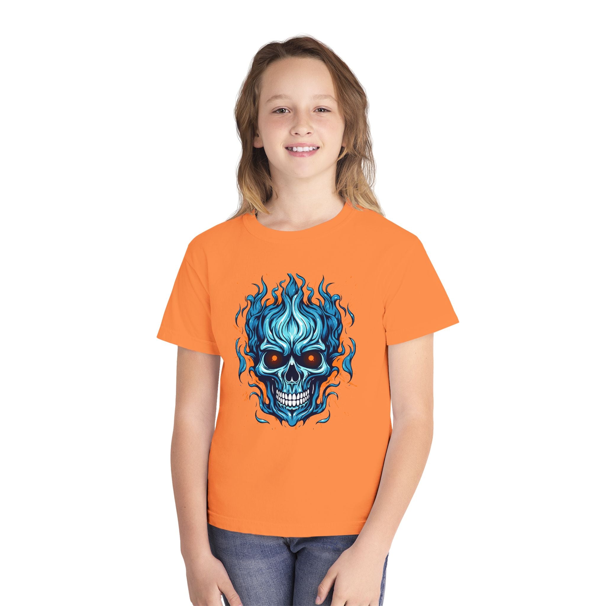 Skull Flame Youth Graphic Skull Tee, Cool Teen Fashion, Edgy Summer Wear, Halloween Costume, Unique Gift for Kids, Casual Everyday Style