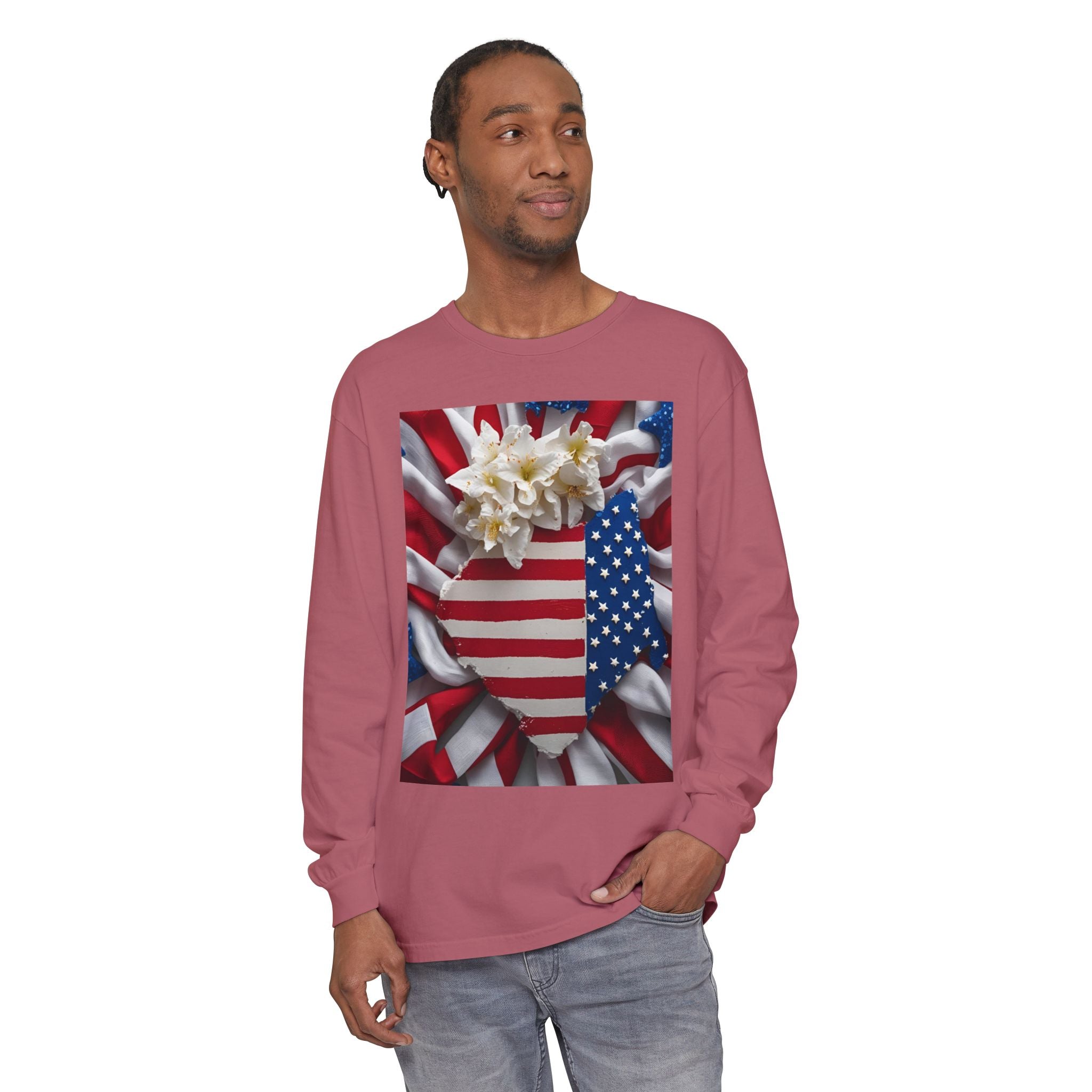 Patriotic Long Sleeve T-Shirt | Unisex Garment-Dyed Tee for Independence Day, Memorial Day, Fourth of July, Summer BBQs, Gifts
