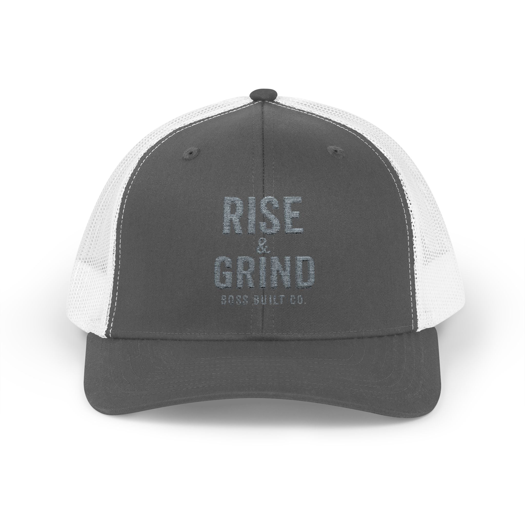 Boss Built Co Rise & Grind Snapback Trucker Cap — Motivational Embroidered Hat