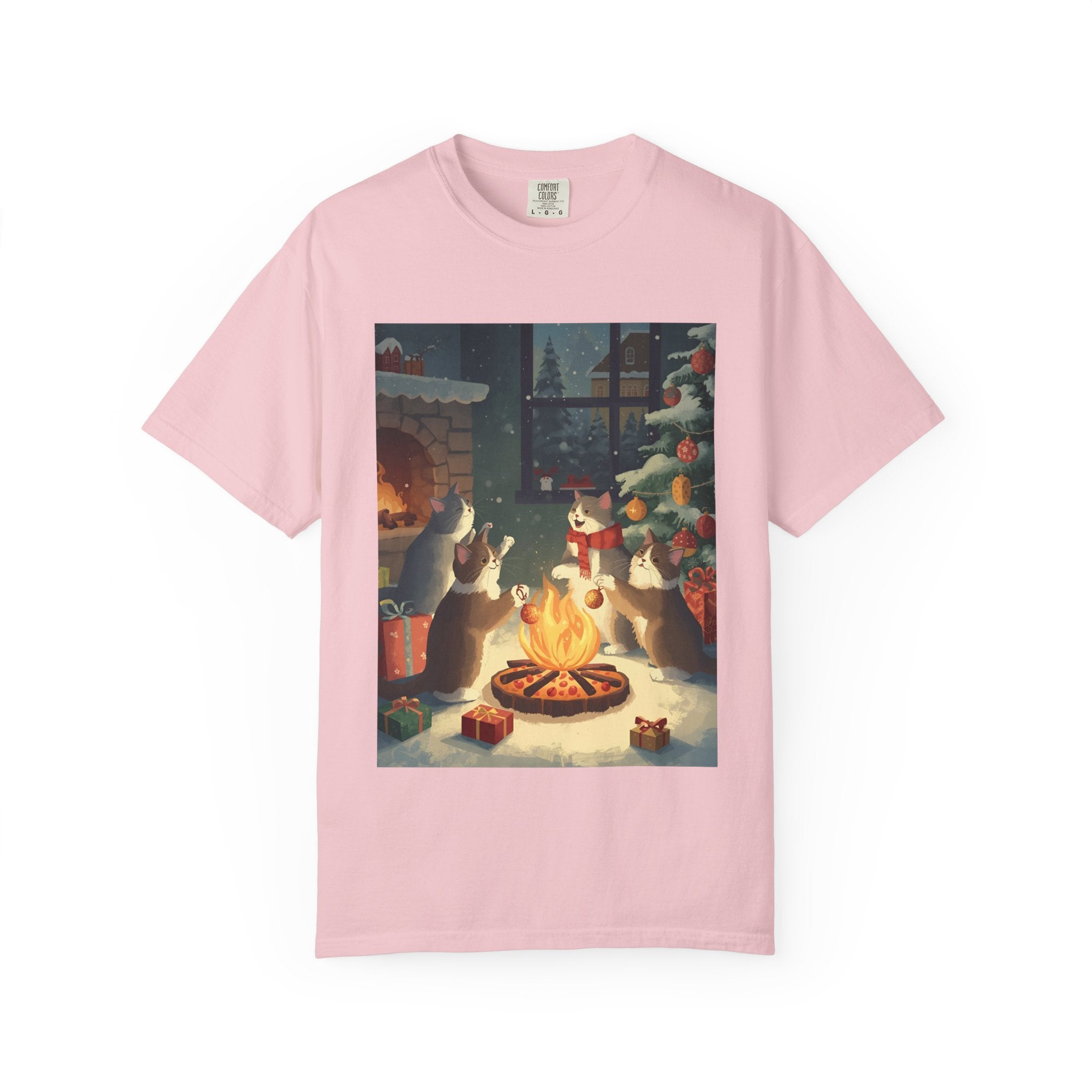 Cozy Cat Campfire T-shirt, Unisex Garment-Dyed Tee, Holiday Gift, Cat Lover Gift, Cute Winter T-shirt, Cozy Nightwear, Christmas Shirt