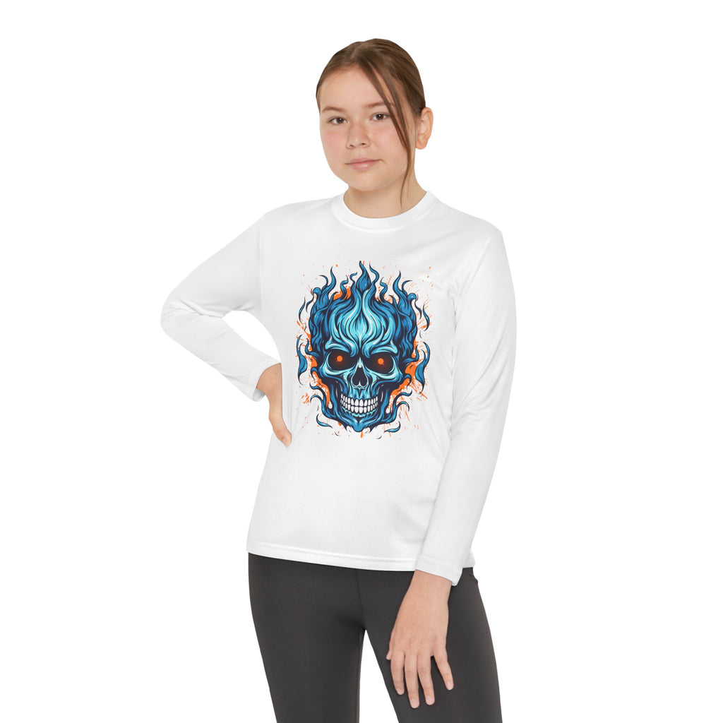 Skull Flame Youth Long Sleeve Skull Tee, Perfect for Halloween, Edgy Gift for Teens, Cozy Casual Wear, Skull Art Graphic Tee, Unique Birthday Present