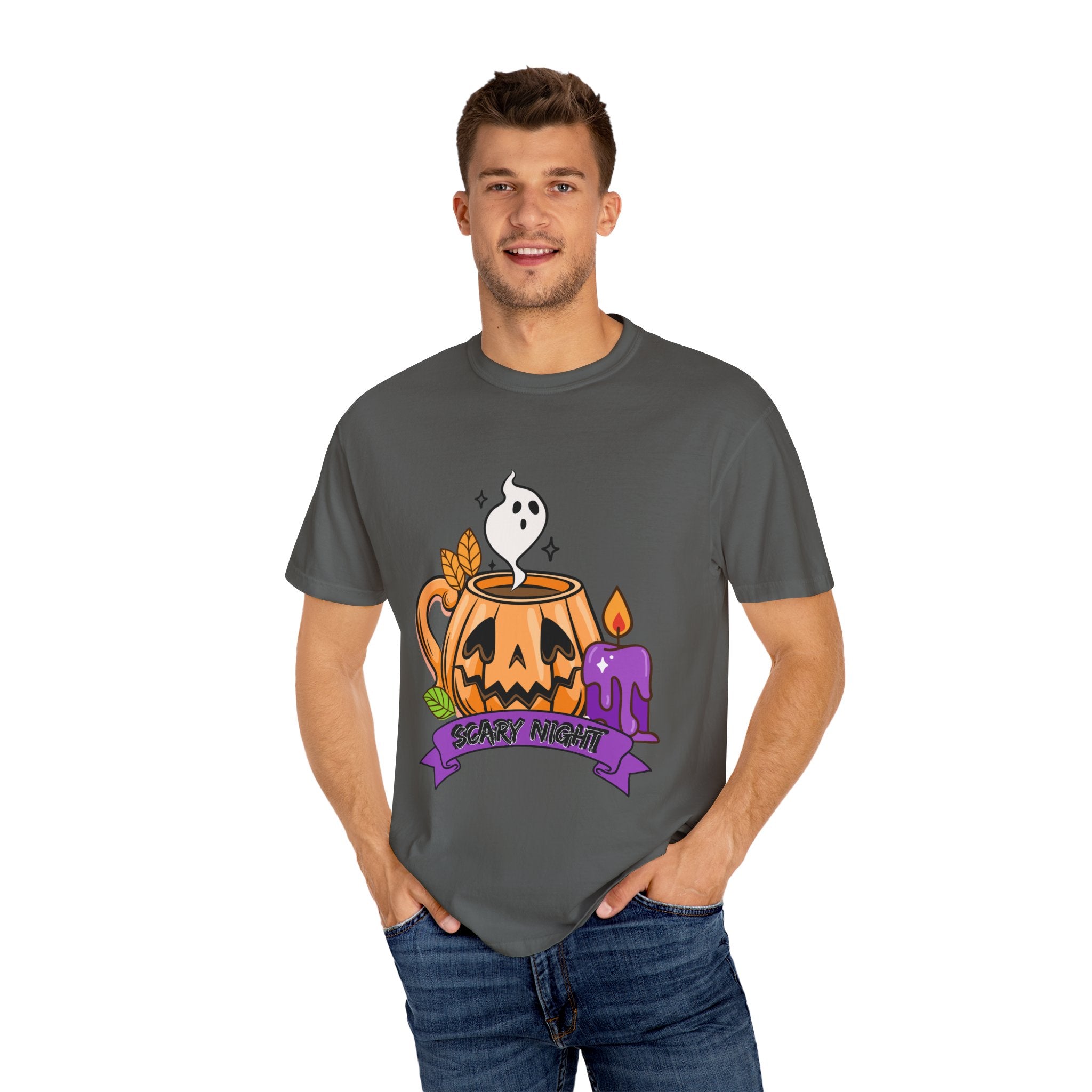 Halloween Themed Cute Pumpkin In Cup T-shirt, Scary Night Design, Unisex Top, Fall Fashion, Spooky Gift, Autumn Celebration Tee