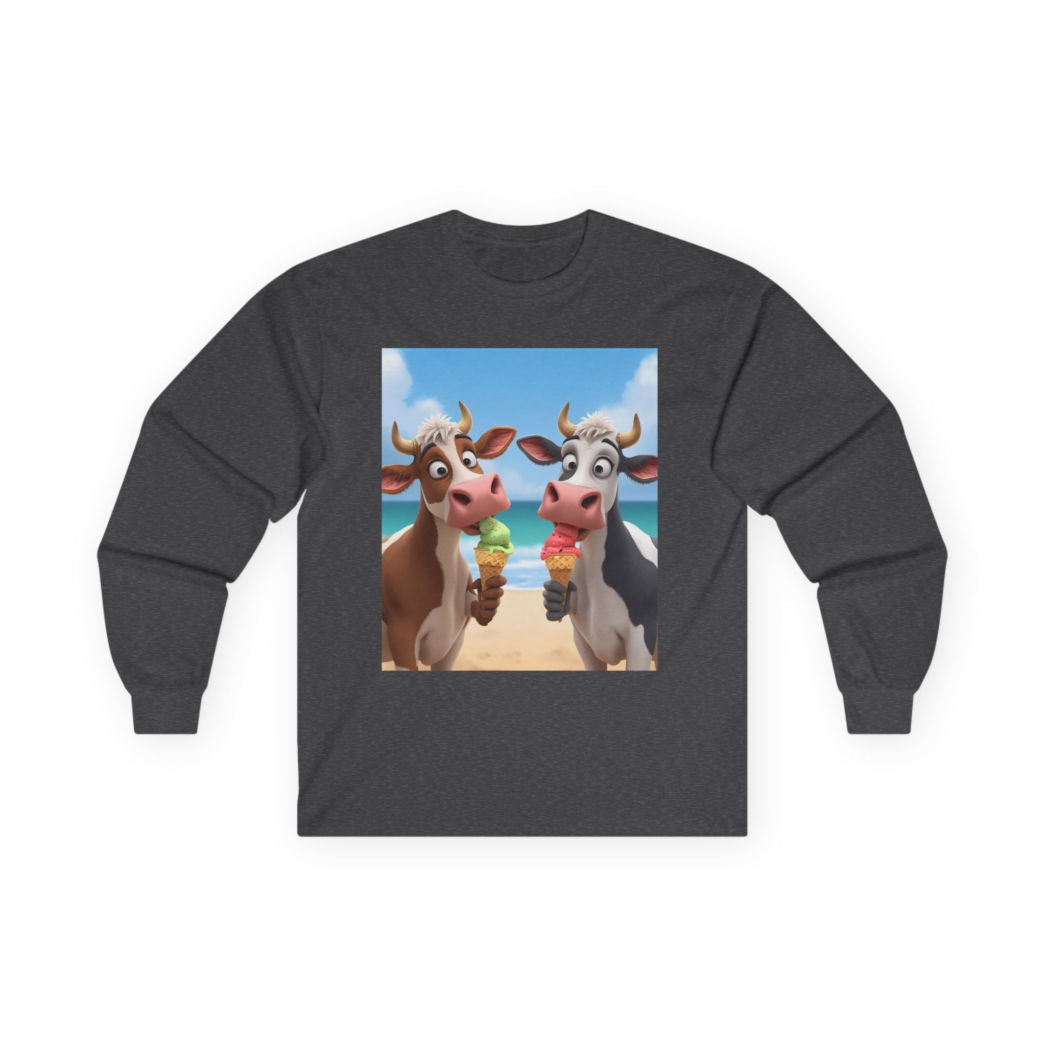 Funny Beach Cow Graphic Long Sleeve Tee, Cute Animal T-Shirt for Kids, Ice Cream Lover Gift, Summer Beach Apparel, Dairy Product Humor