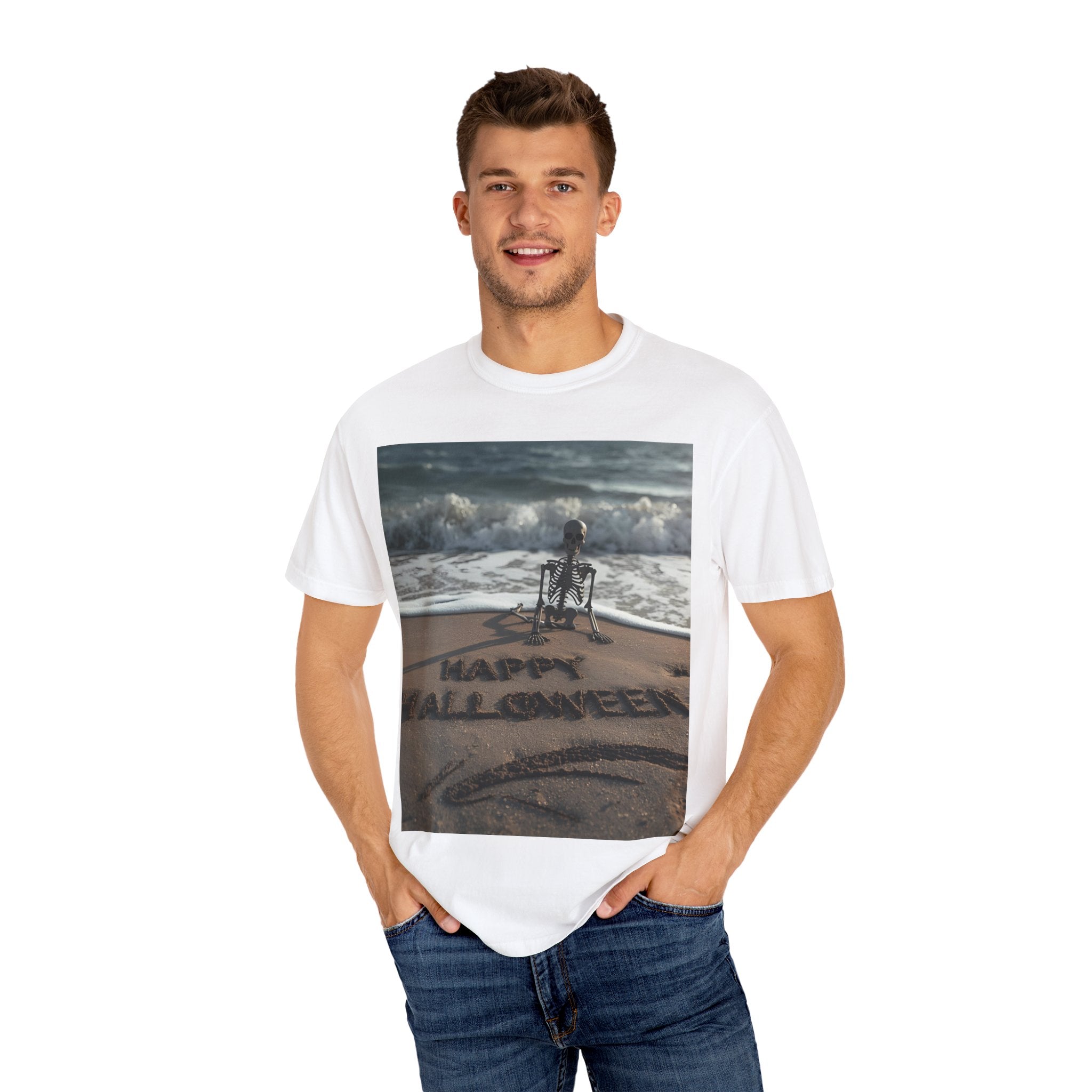 Halloween Beach Skeleton Vibes Unisex T-Shirt, Spooky Summer Tee, Fun Halloween Shirt, Beachwear, Casual Halloween Outfit