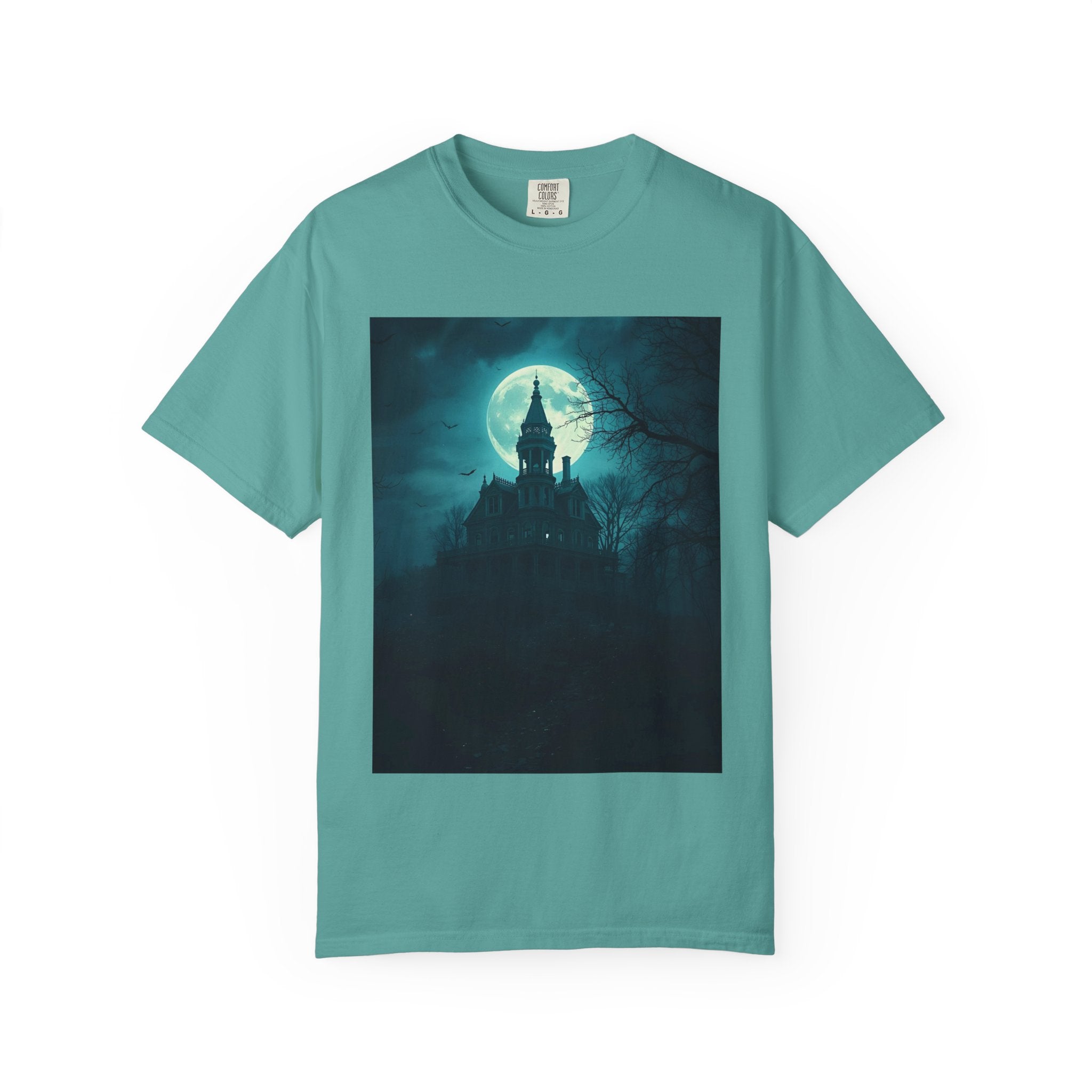 Haunted Moonlight Spooky Castle Graphic Tee | Unisex Garment-Dyed T-shirt, Halloween Shirt, Graphic Tee, Casual Wear, Gift for Ghost Lovers