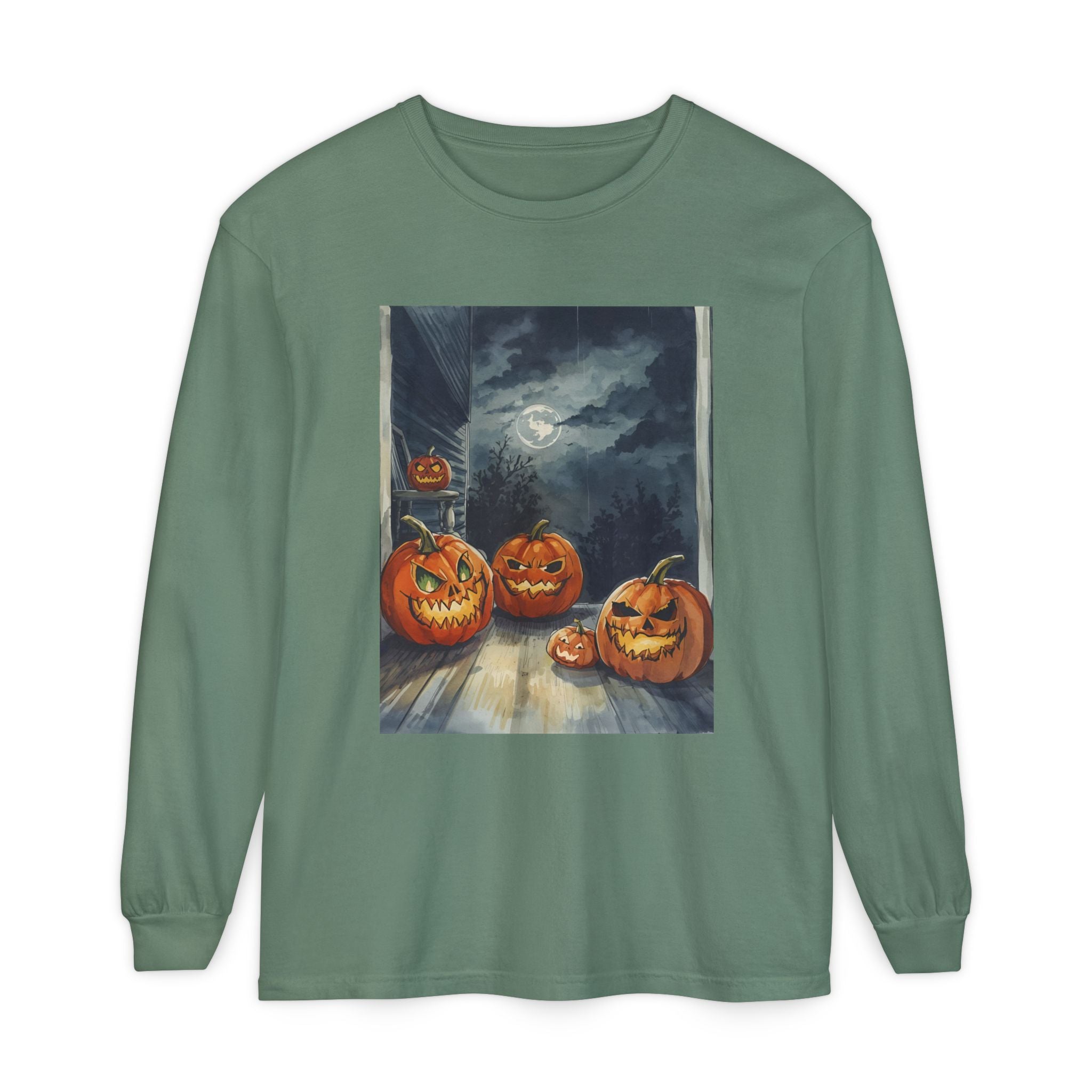 Halloween Pumpkin Scary Unisex Garment-dyed Long Sleeve T-Shirt