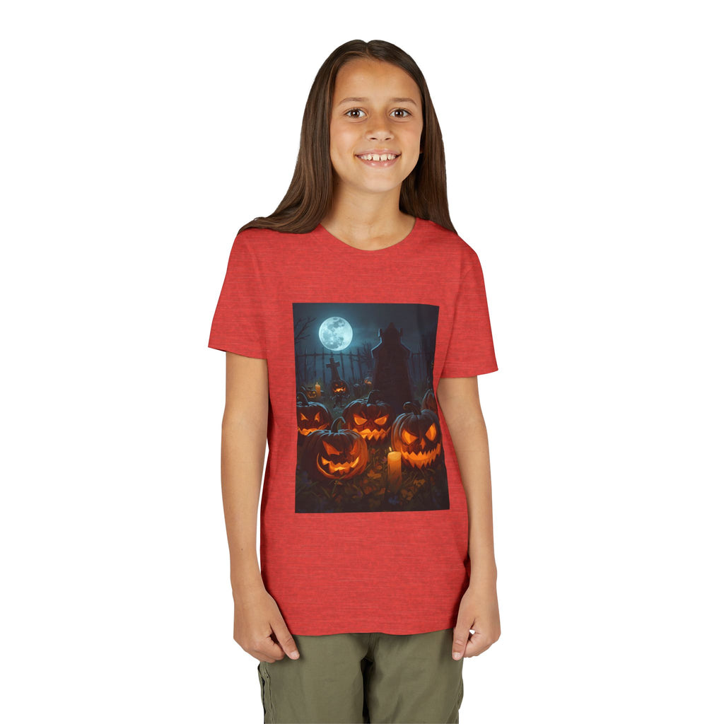 Scary Halloween Pumpkin Youth Short Sleeve Tee, Cute Halloween Shirt, Kids Costume Top, Spooky Tees, Trick or Treat Shirt