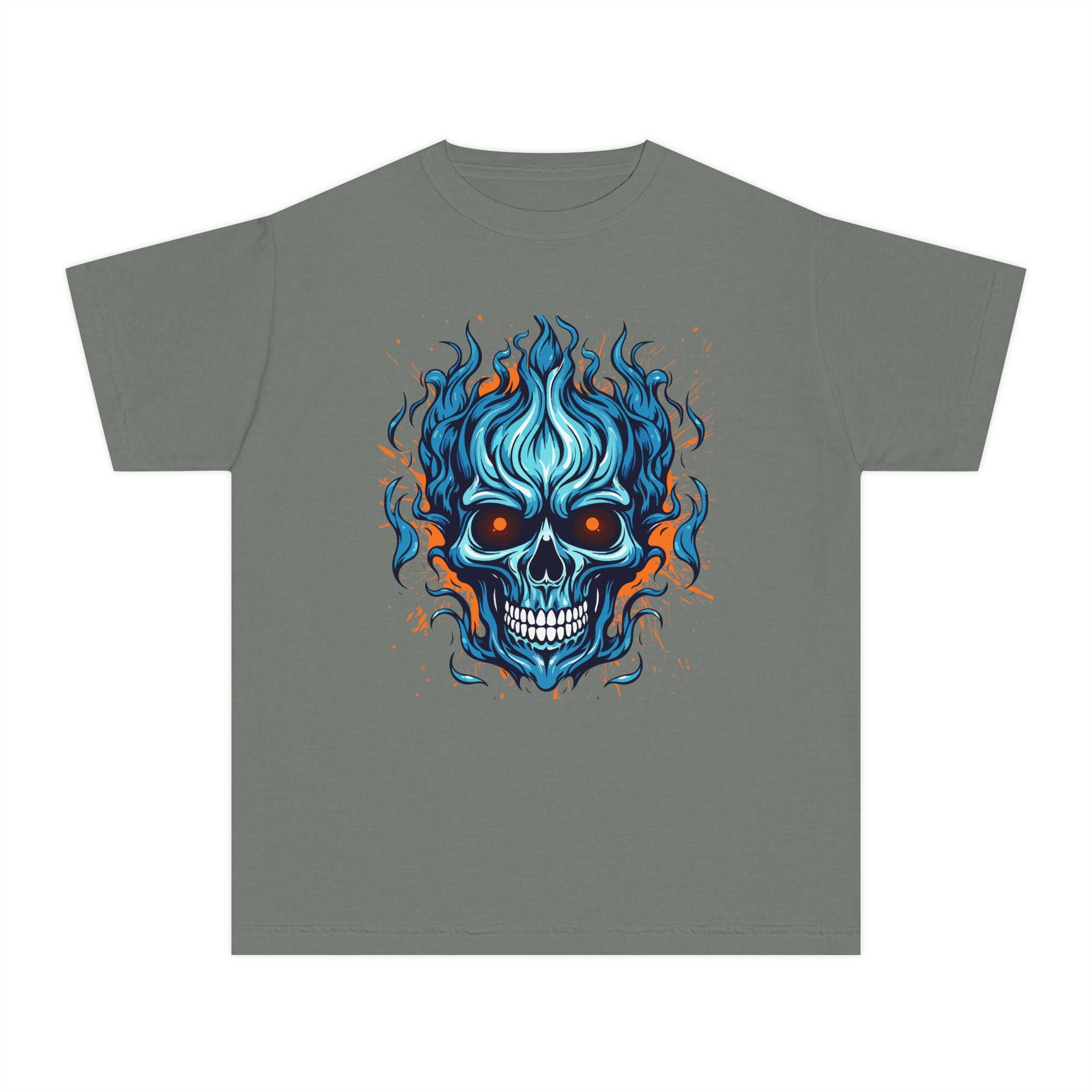 Skull Flame Youth Graphic Skull Tee, Cool Teen Fashion, Edgy Summer Wear, Halloween Costume, Unique Gift for Kids, Casual Everyday Style