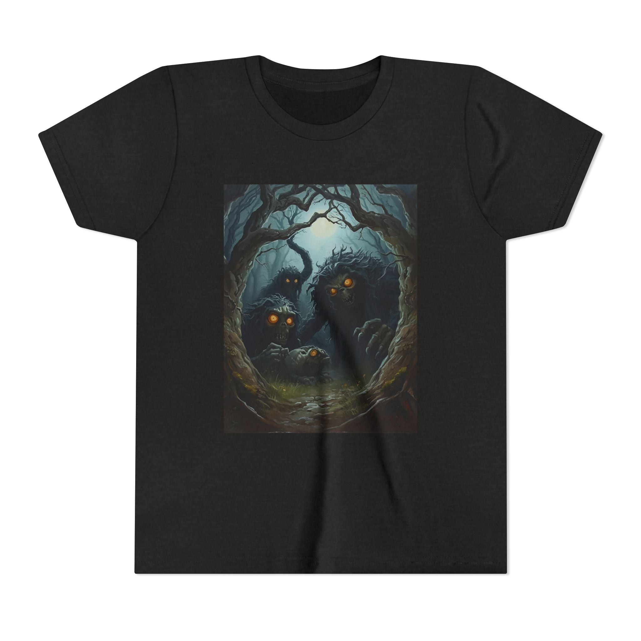 Spooky Mystical Forest Creatures Youth Tee, Cool Graphic T-Shirt, Kids Nature Shirt, Unique Gift for Boys & Girls, Perfect for Halloween