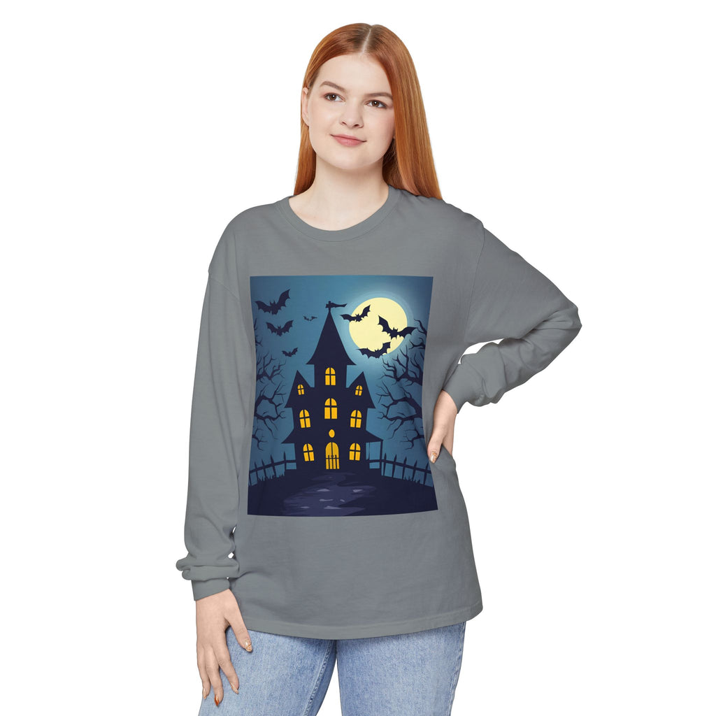 Haunted House Long Sleeve T-Shirt | Halloween Apparel, Fall Fashion, Spooky Shirt, Unisex Tee, Ghostly Vibes