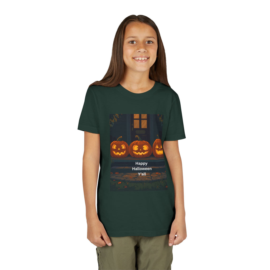 Halloween Pumpkin Youth Tee, Jack-o'-lantern Shirt, Trick or Treat Apparel, Spooky Kids T-Shirt, Halloween Costume Top