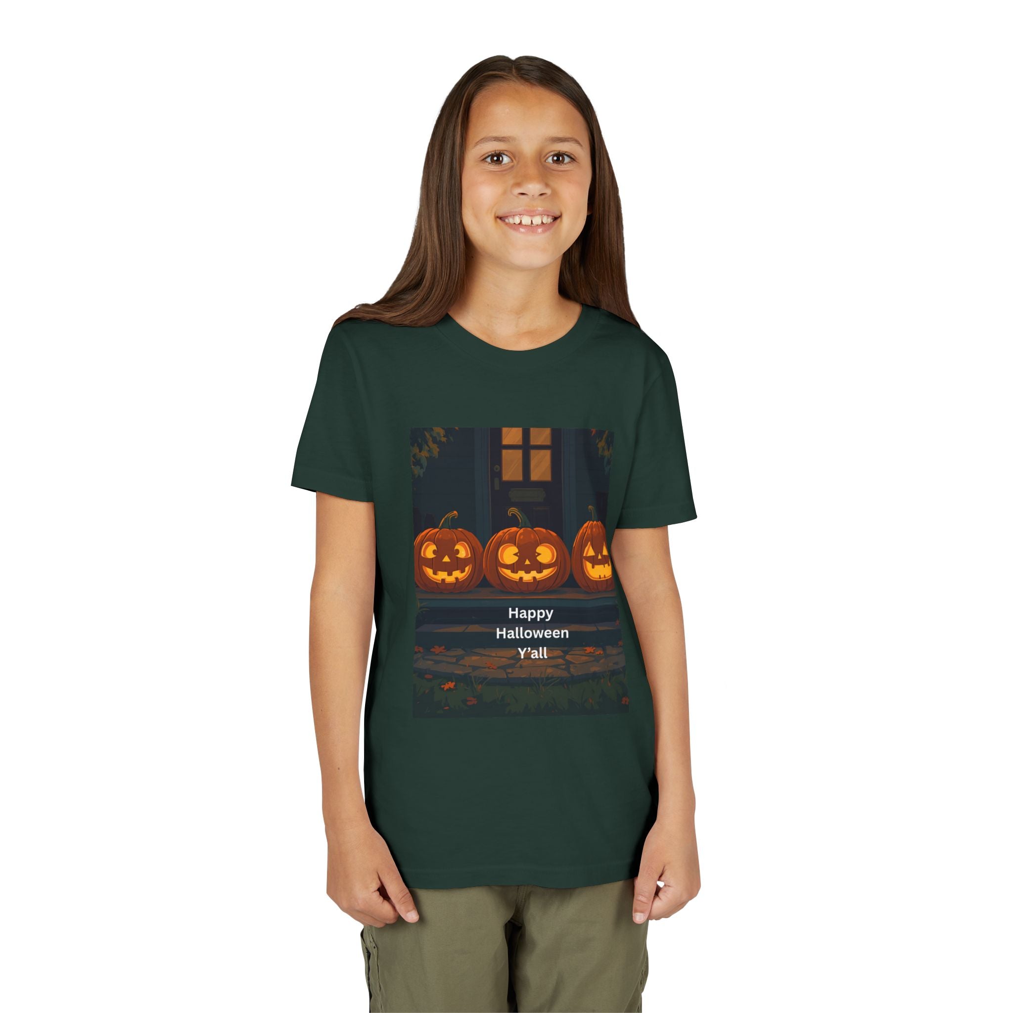 Halloween Pumpkin Youth Tee, Jack-o'-lantern Shirt, Trick or Treat Apparel, Spooky Kids T-Shirt, Halloween Costume Top