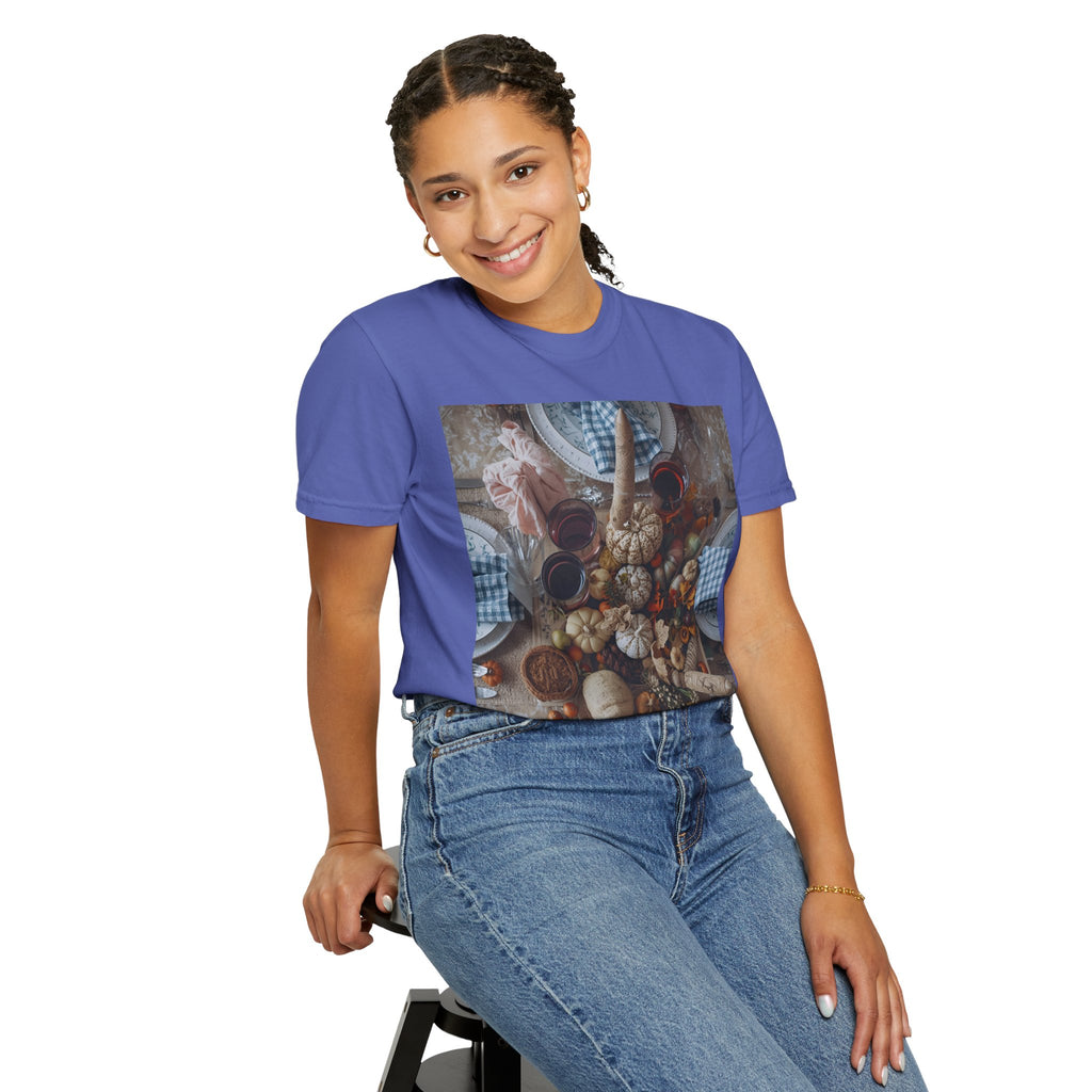 Rustic Gatherings Feast Unisex T-Shirt | Cozy Fall Apparel, Thanksgiving Casual Wear, Gift for Food Lovers, Unique Kitchen Decor, Autumn Gathering Tee