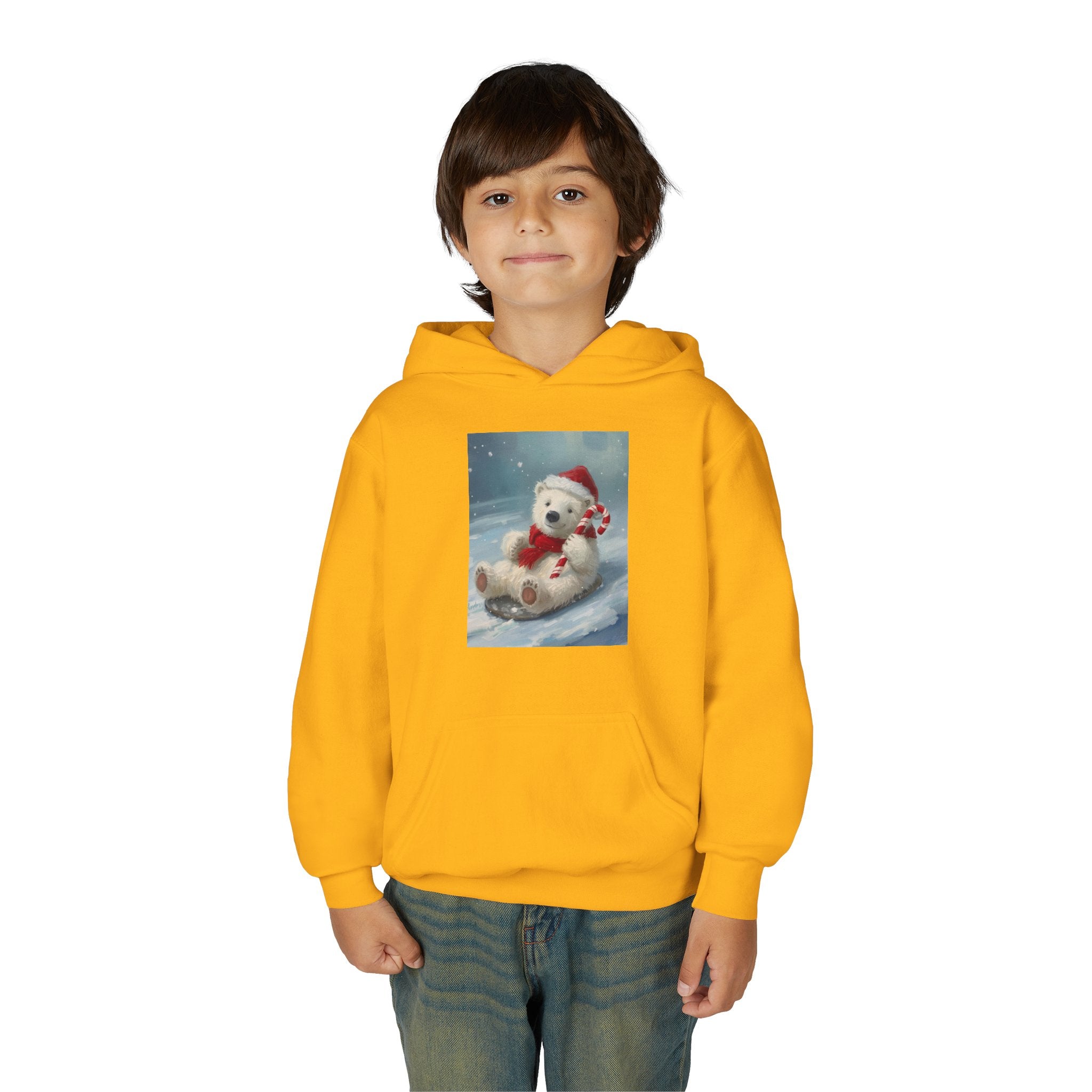 Cozy Christmas Bear Youth Hooded Sweatshirt, Winter Hoodie, Holiday Gift, Cute Sweatshirt for Kids, Festive Apparel