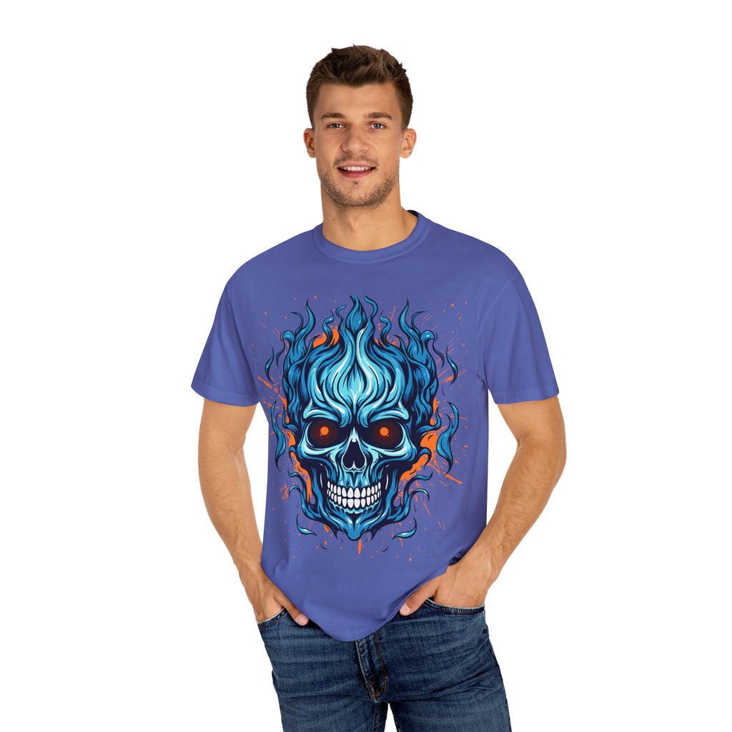 Flaming Skull T-Shirt, Unisex Graphic Tee, Edgy Casual Wear, Halloween Apparel, Gift for Rock Music Fans