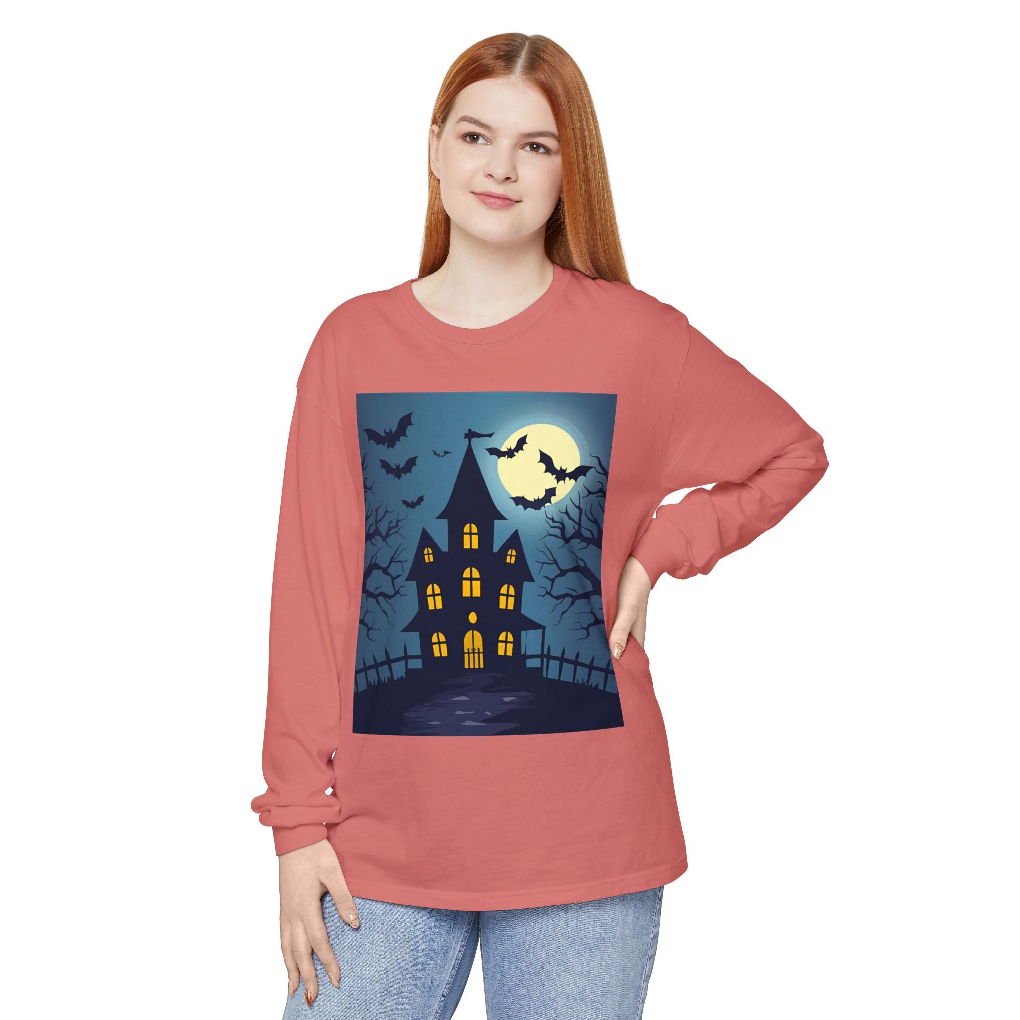 Haunted House Long Sleeve T-Shirt | Halloween Apparel, Fall Fashion, Spooky Shirt, Unisex Tee, Ghostly Vibes