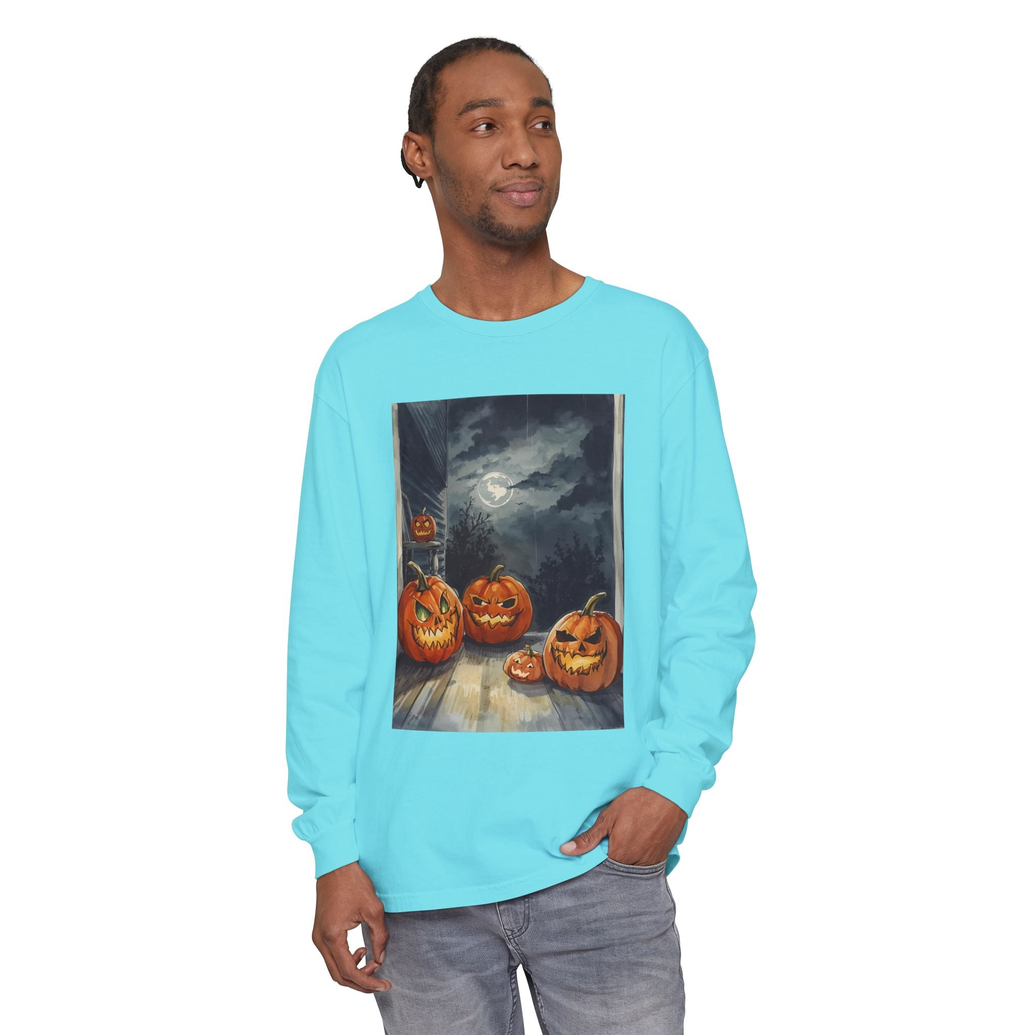 Halloween Pumpkin Scary Unisex Garment-dyed Long Sleeve T-Shirt