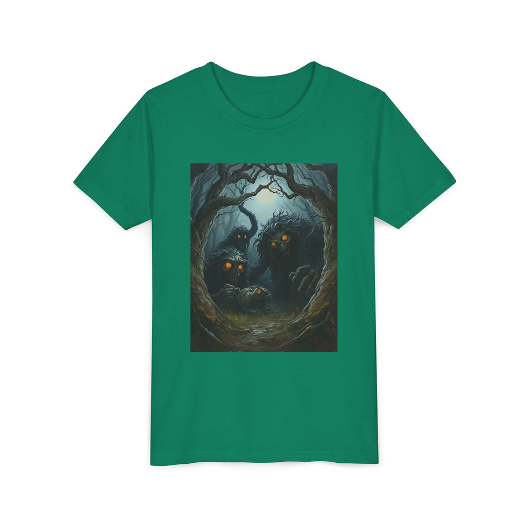Spooky Mystical Forest Creatures Youth Tee, Cool Graphic T-Shirt, Kids Nature Shirt, Unique Gift for Boys & Girls, Perfect for Halloween