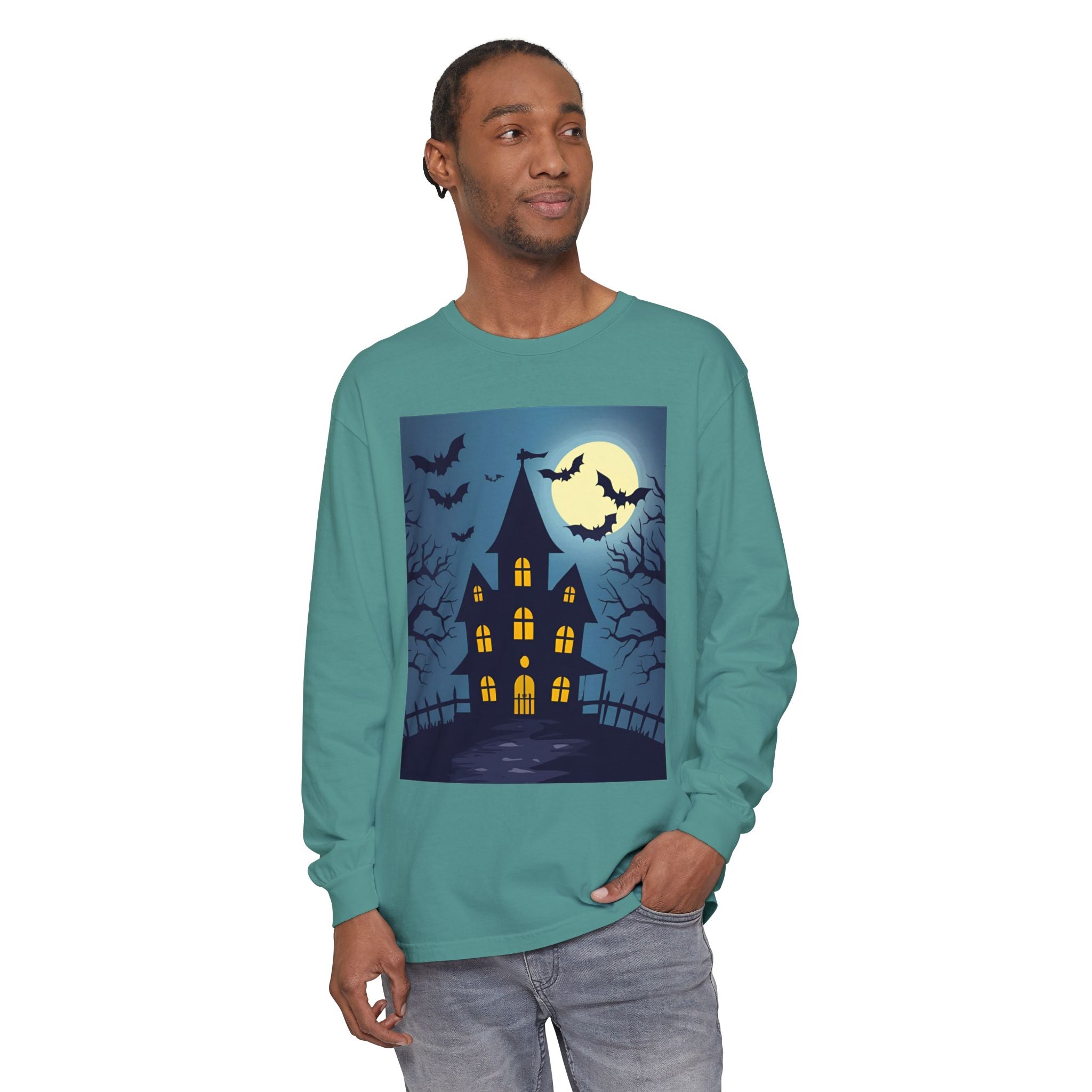 Haunted House Long Sleeve T-Shirt | Halloween Apparel, Fall Fashion, Spooky Shirt, Unisex Tee, Ghostly Vibes