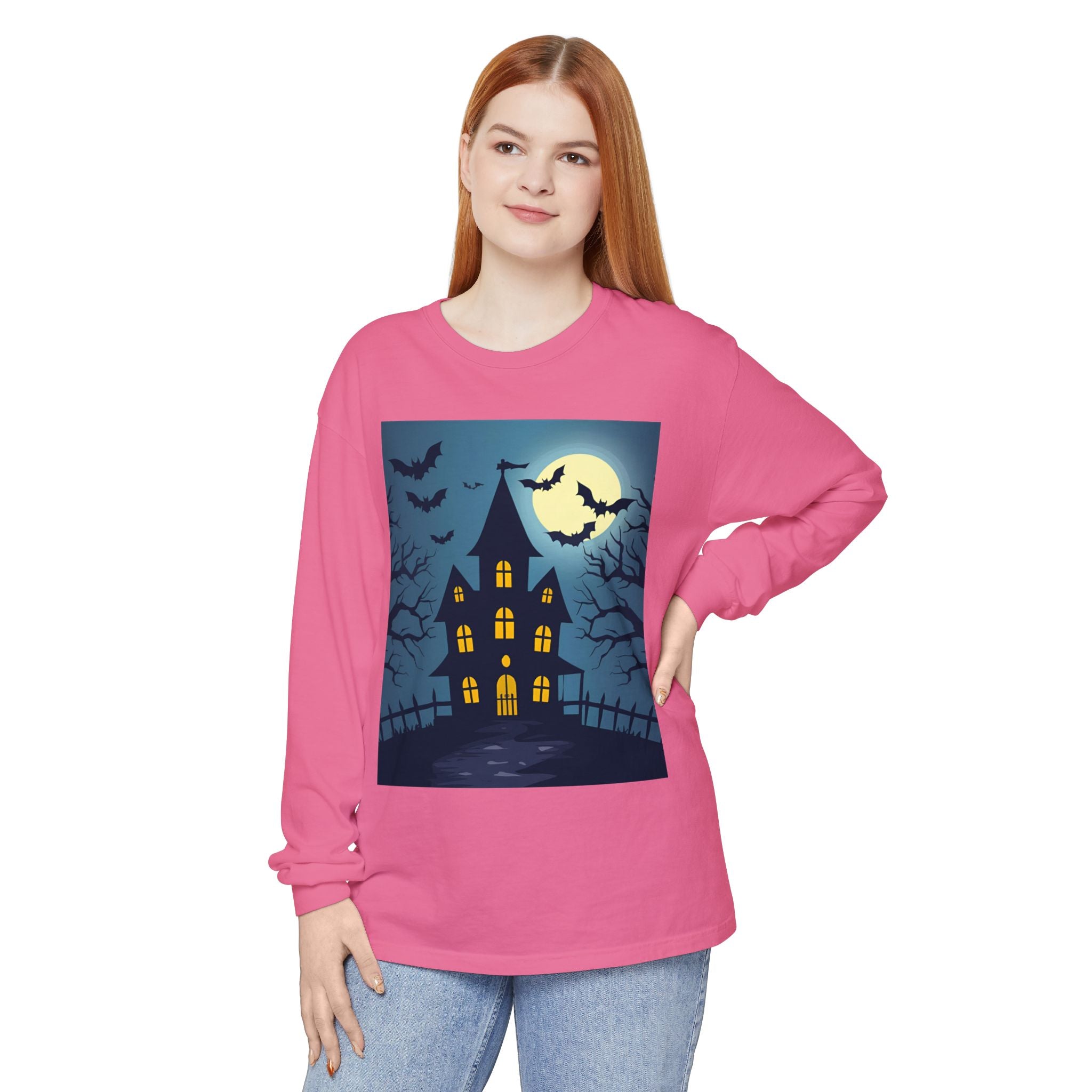 Haunted House Long Sleeve T-Shirt | Halloween Apparel, Fall Fashion, Spooky Shirt, Unisex Tee, Ghostly Vibes