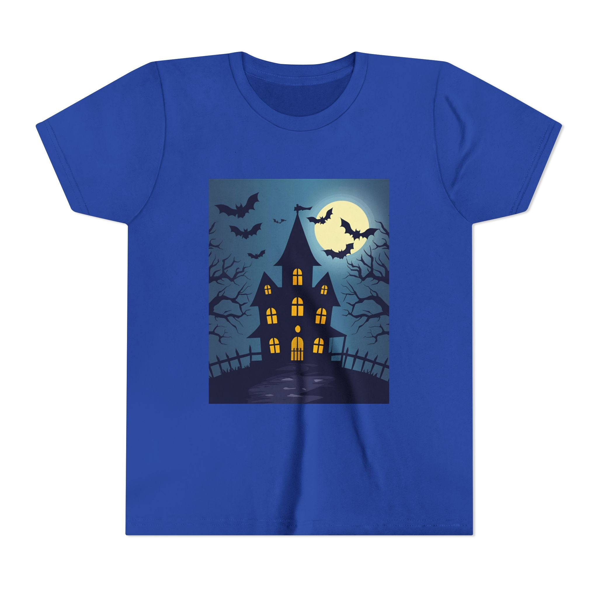 Spooky Halloween Haunted House Youth Tee, Kids Ghost T-Shirt, Haunted House Apparel, Bat Design Shirt, Trick or Treat Clothing