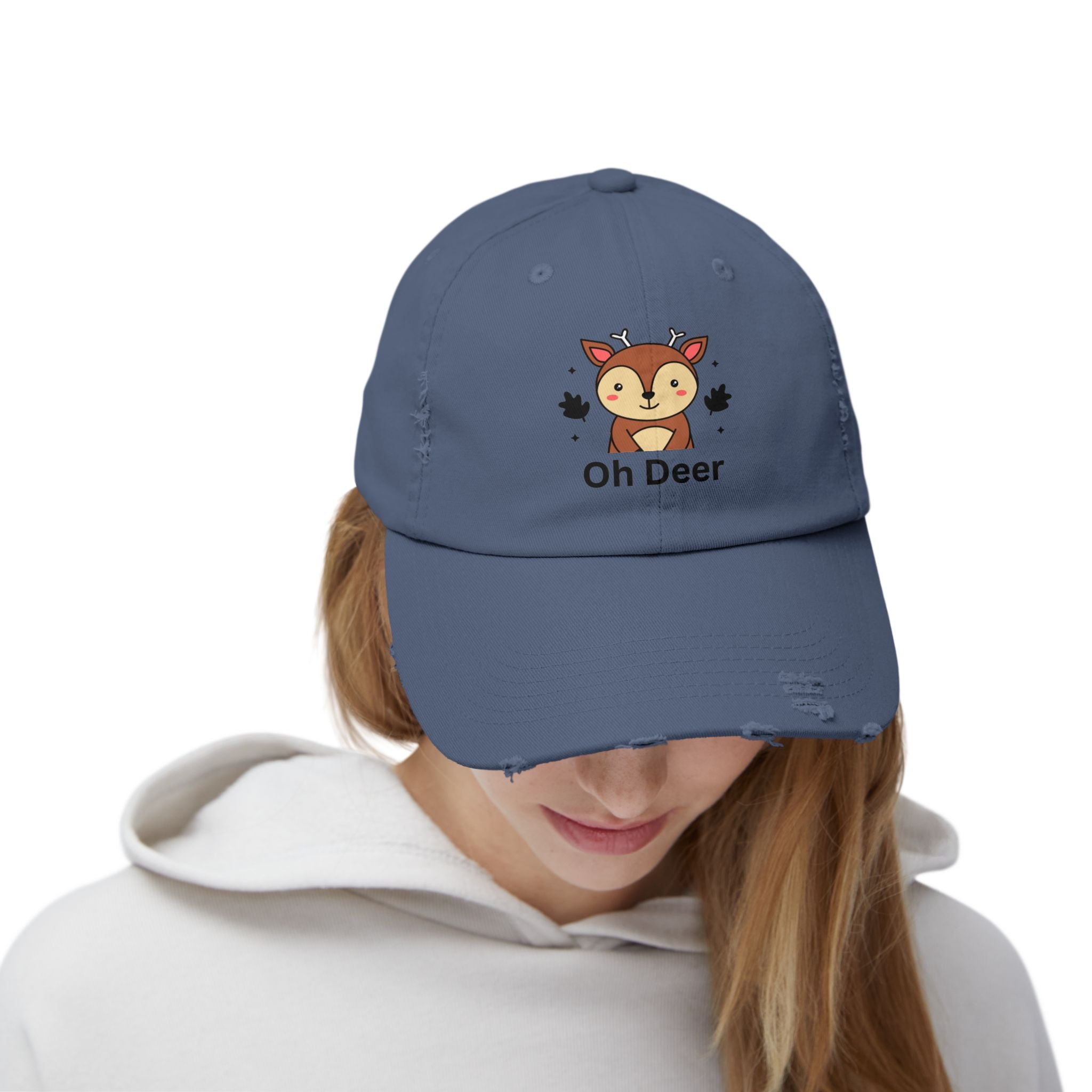 Cute Distressed Cap with 'Oh Deer' Design, Fun Gift for Nature Lovers, Unisex Outdoor Hat, Ideal for Birthdays, Holidays, Casual Wear