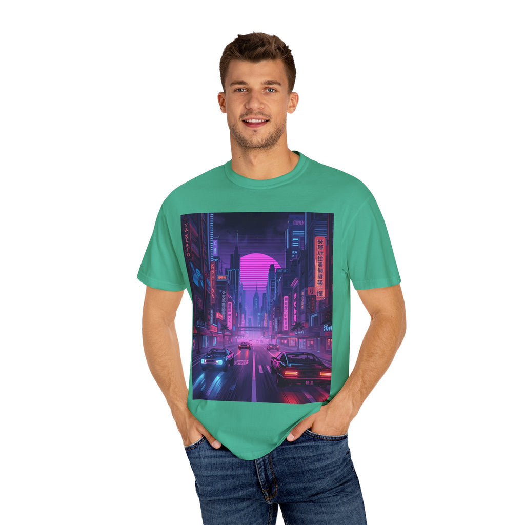 Futuristic Neon Cityscape T-Shirt, Retro Graphic Tee, Unisex Streetwear, Urban Vibe Shirt, Gift for Gamers, Summer Outfit