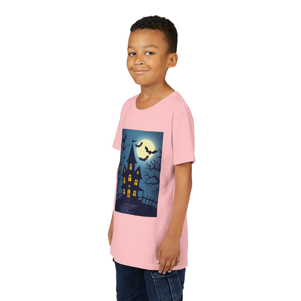 Spooky Halloween Haunted House Youth Tee, Kids Ghost T-Shirt, Haunted House Apparel, Bat Design Shirt, Trick or Treat Clothing
