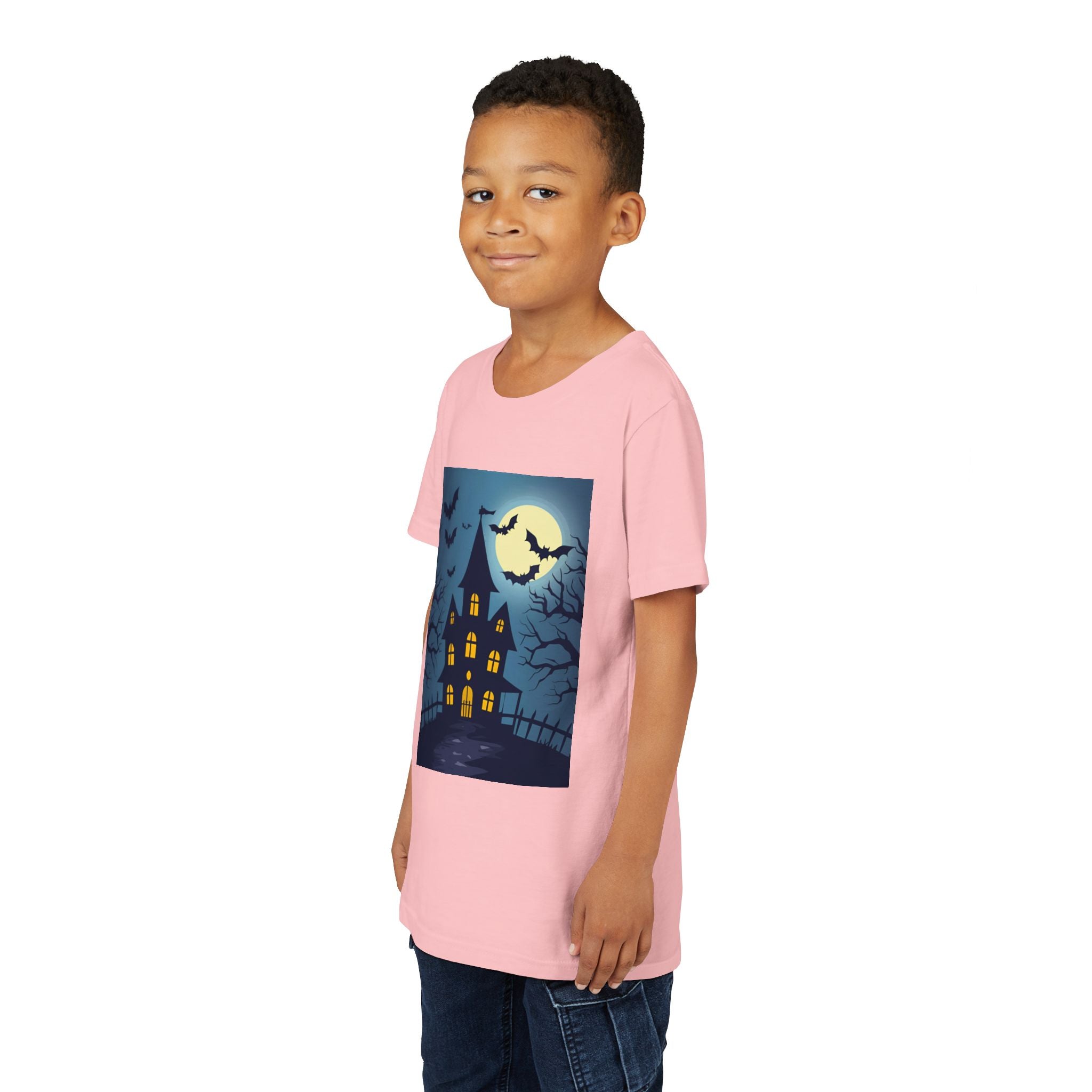 Spooky Halloween Haunted House Youth Tee, Kids Ghost T-Shirt, Haunted House Apparel, Bat Design Shirt, Trick or Treat Clothing