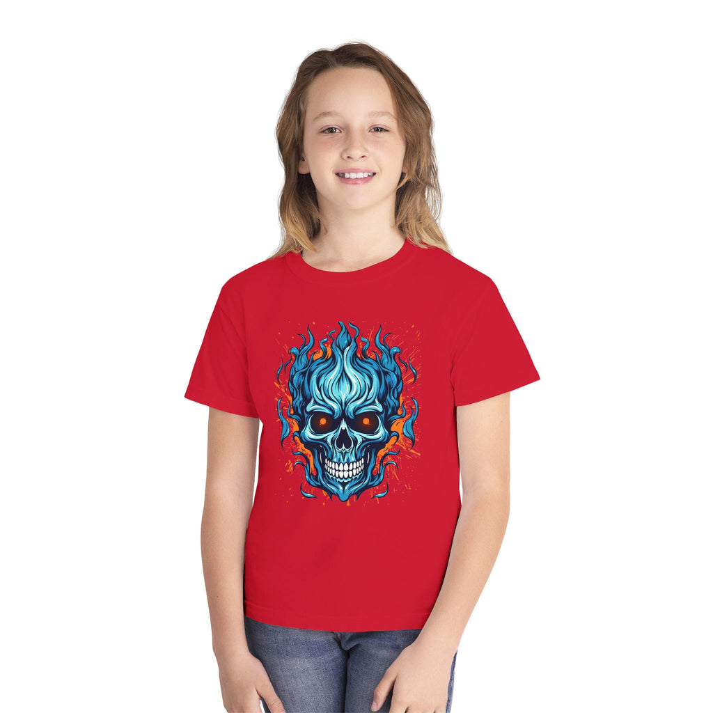 Skull Flame Youth Graphic Skull Tee, Cool Teen Fashion, Edgy Summer Wear, Halloween Costume, Unique Gift for Kids, Casual Everyday Style