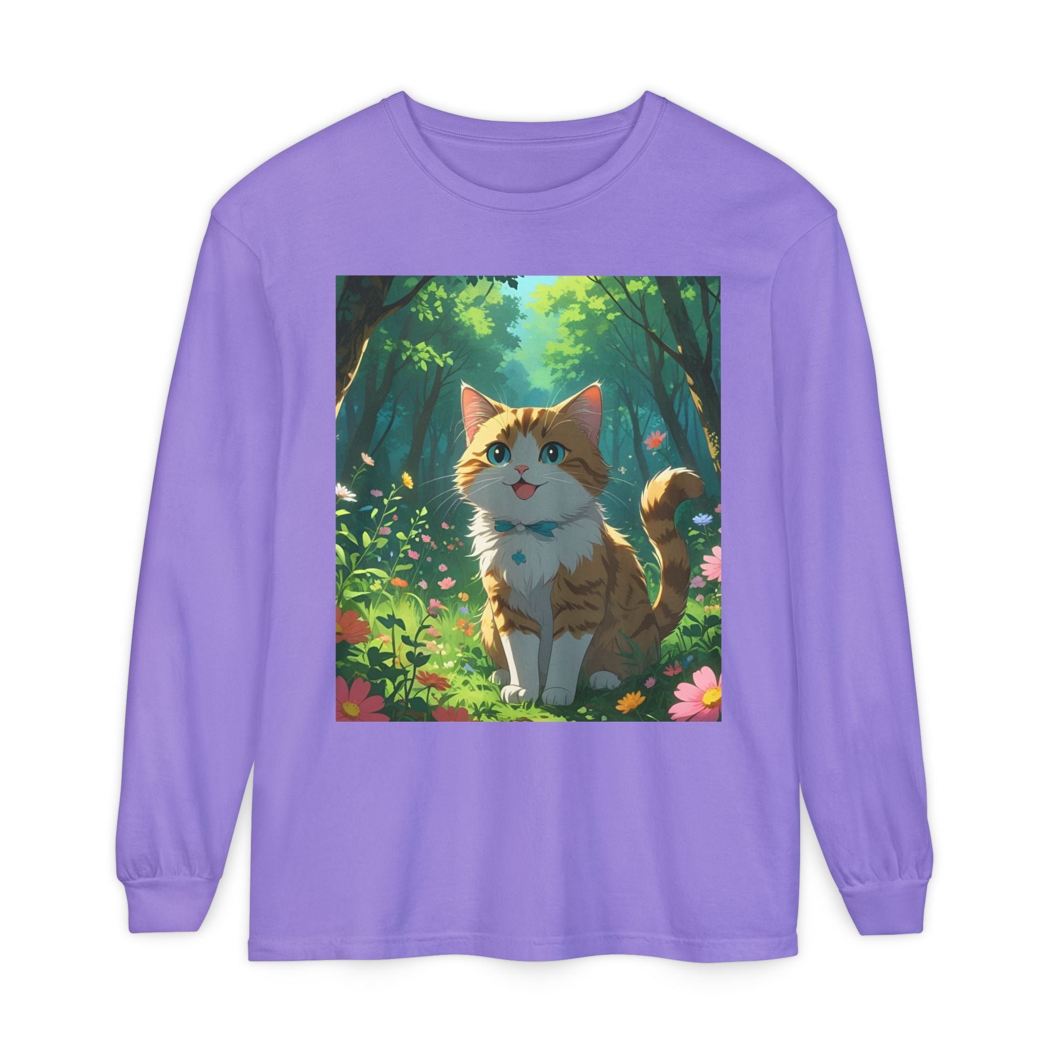 Whimsical Cat In Forest Long Sleeve T-Shirt - Perfect for Cat Lovers, Nature Enthusiasts, Gifts, Cozy Wear, Everyday Style
