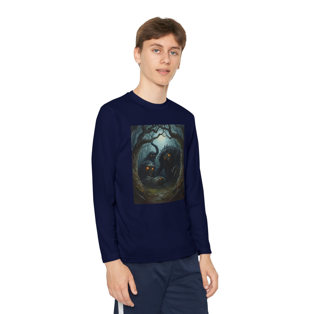 Spooky Forest Creatures Youth Long Sleeve Tee with Enchanted Forest Design, Comfortable Unisex T-Shirt for All Seasons, Perfect for Halloween and Nature Lovers