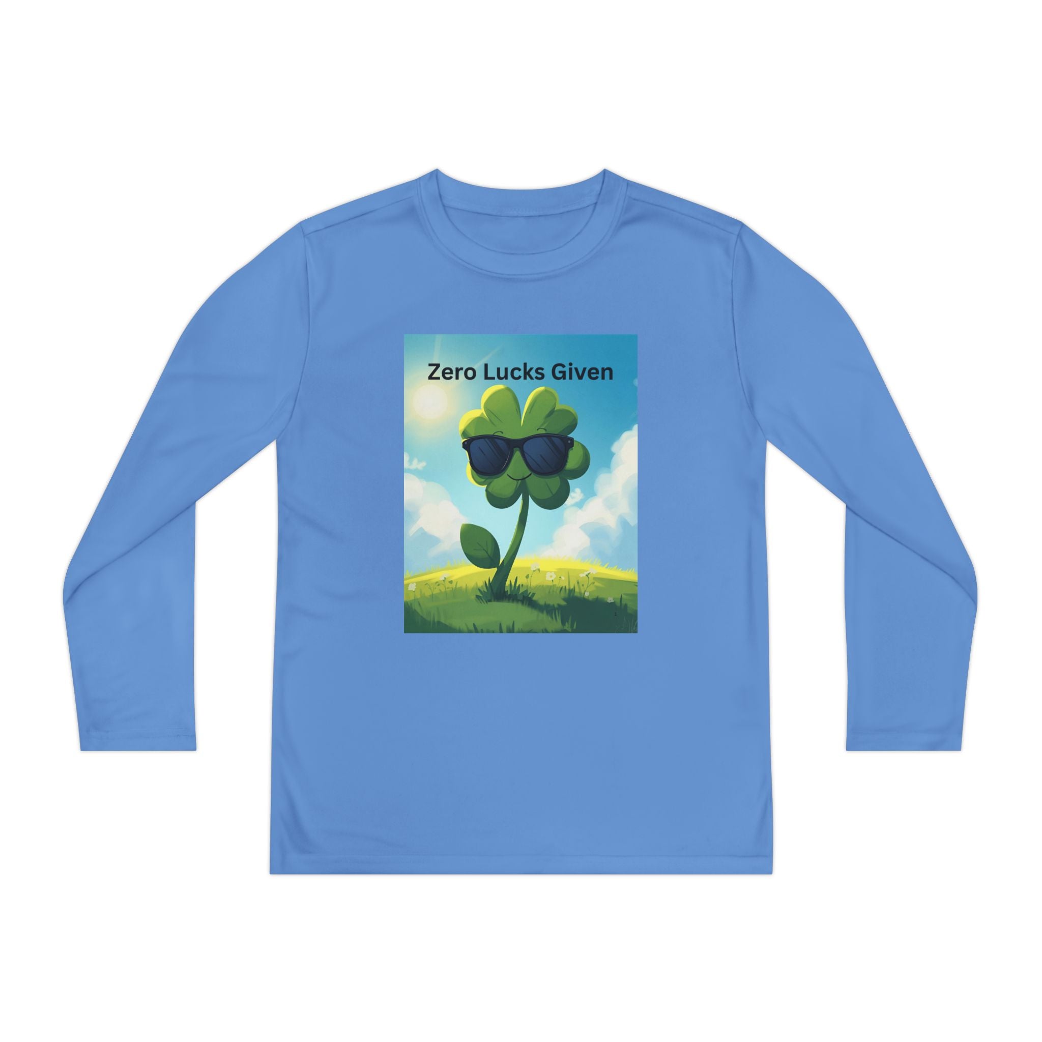 Zero Lucks Given Youth Long Sleeve Tee, Fun Graphic Shirt, Clover Print Top, Gift for Kids, Statement Tee, Birthday Gift