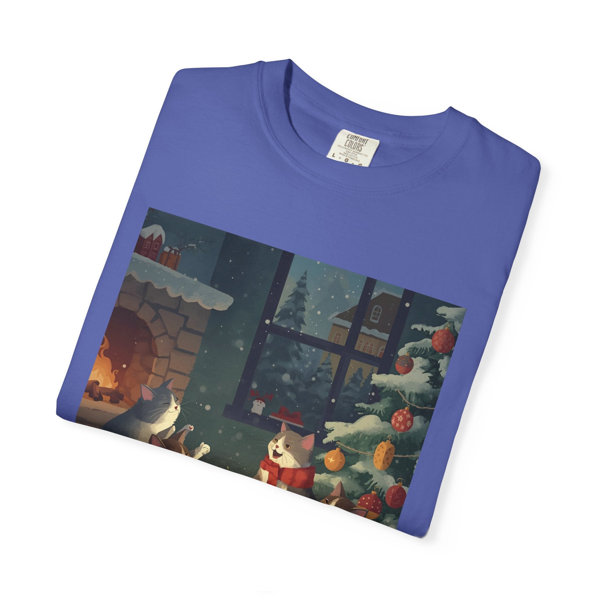 Cozy Cat Campfire T-shirt, Unisex Garment-Dyed Tee, Holiday Gift, Cat Lover Gift, Cute Winter T-shirt, Cozy Nightwear, Christmas Shirt