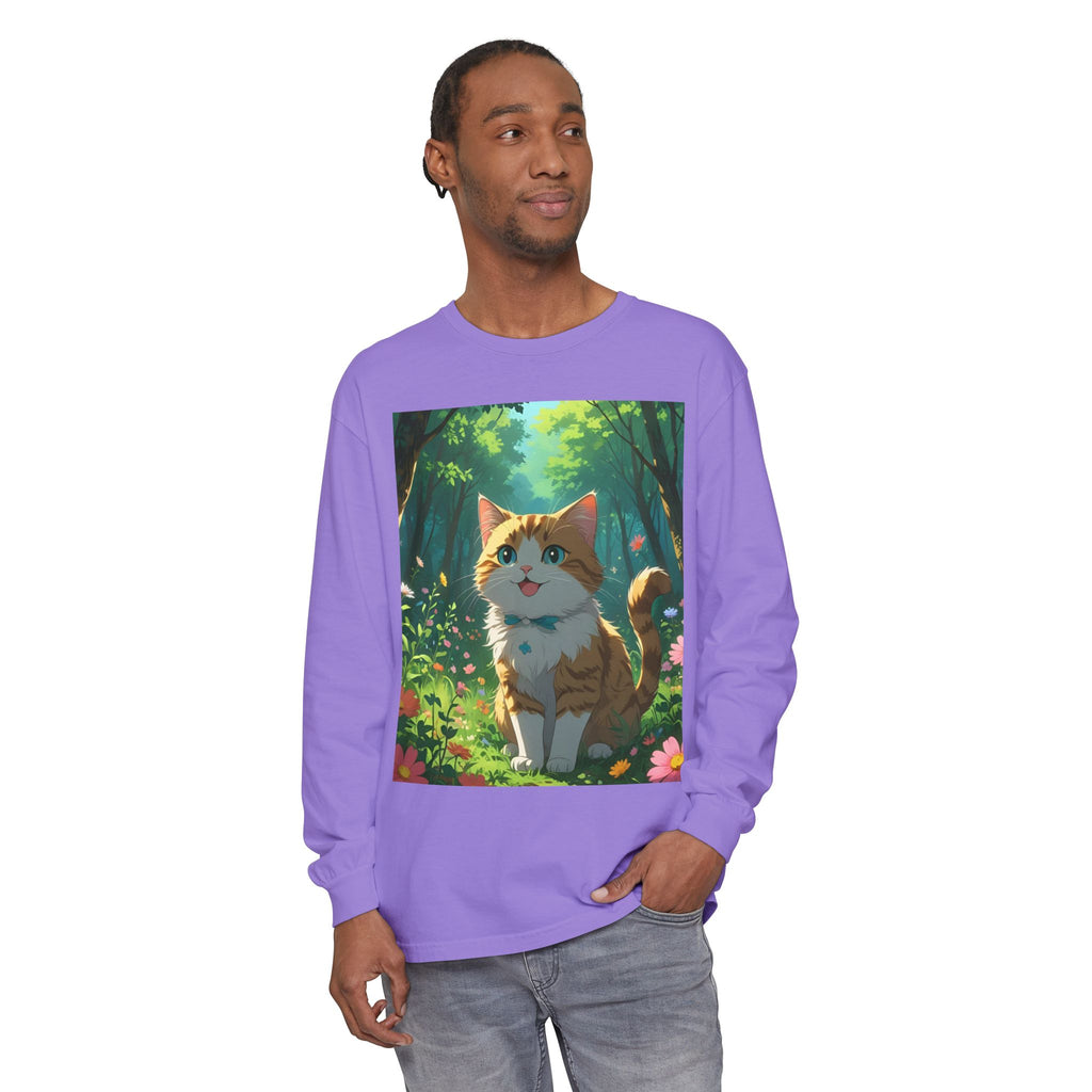 Whimsical Cat In Forest Long Sleeve T-Shirt - Perfect for Cat Lovers, Nature Enthusiasts, Gifts, Cozy Wear, Everyday Style