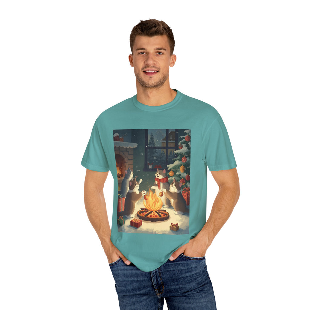 Cozy Winter Cat T-shirt, Unisex Garment-Dyed Shirt, Holiday Gift, Christmas Apparel, Cat Lover Tee, Festive Casual Wear